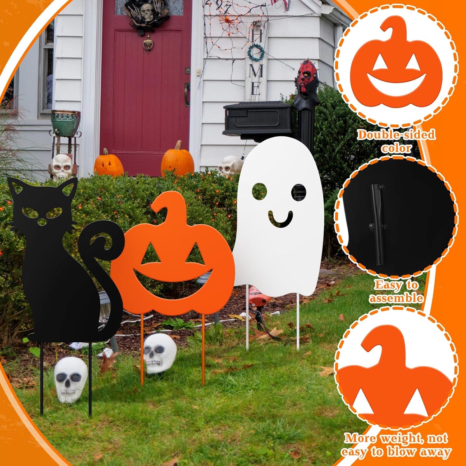 3 Pack Halloween Decorations Outdoor Metal Halloween Garden Stakes Metal Ghost Pumpkins Black Cat Yard Signs Decor for Outside Garden Lawn Porch Patio Party Decorations(Mixed Style)
