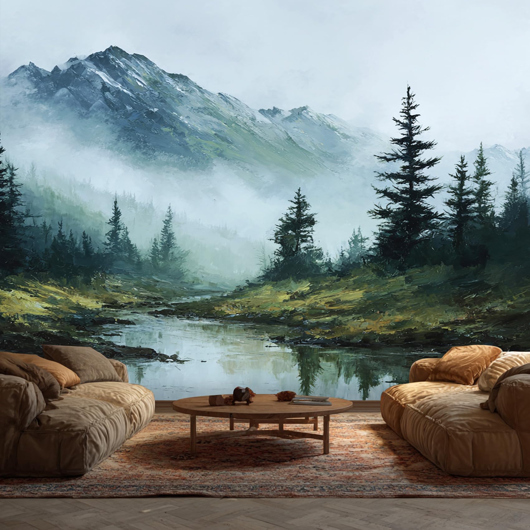 Forest Mountain Wallpaper - Misty Scenery Wall Mural - Wall Murals for Living Room Bedroom - Photo Wallpaper & Home Decor Art - 450 x 315 cm A-7144