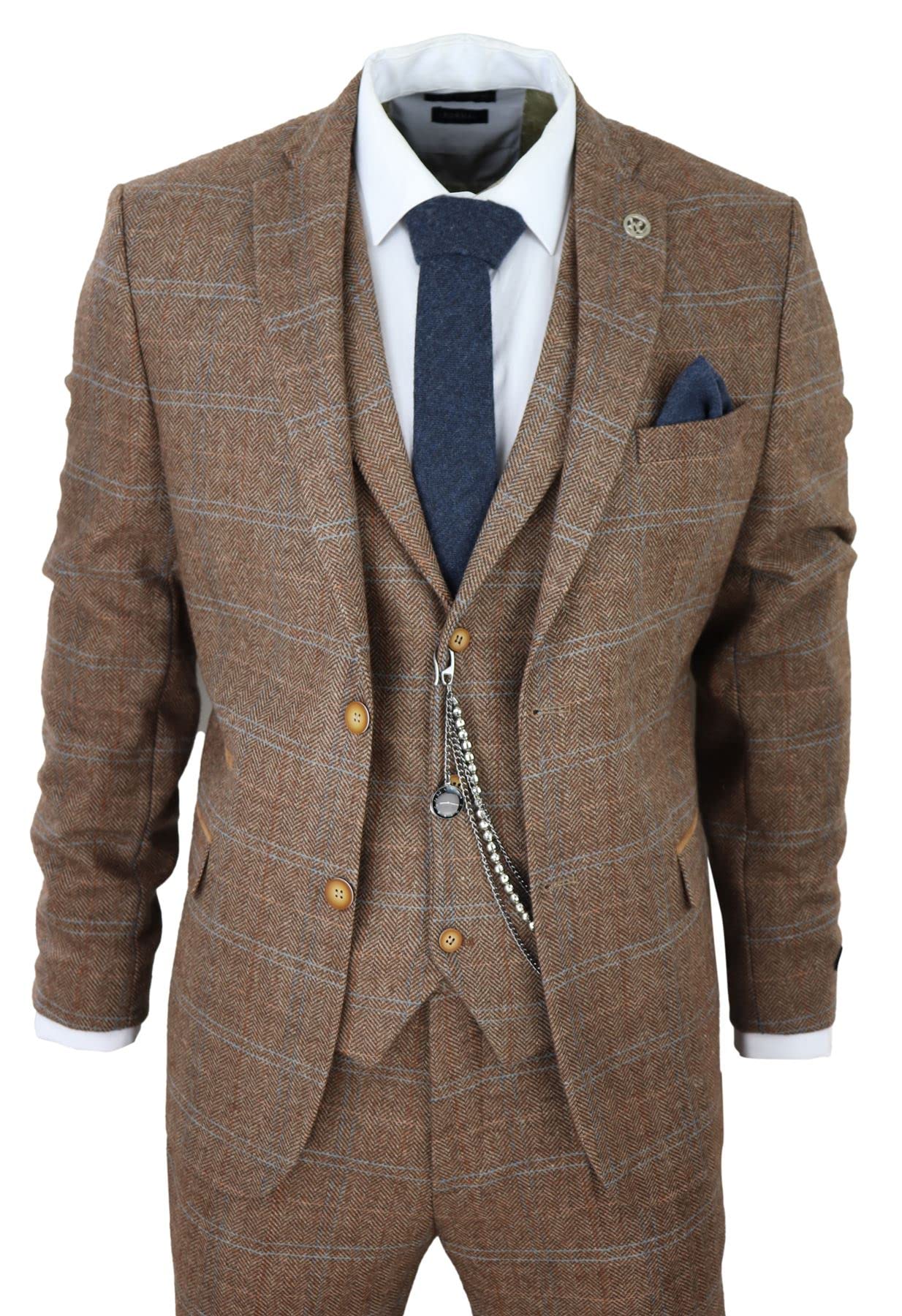 Costume Homme 3 Pièces en Tweed de Laine Mélangée à Carreaux Style Années 20 pour Un Look Habillé Festif | Marron Clair