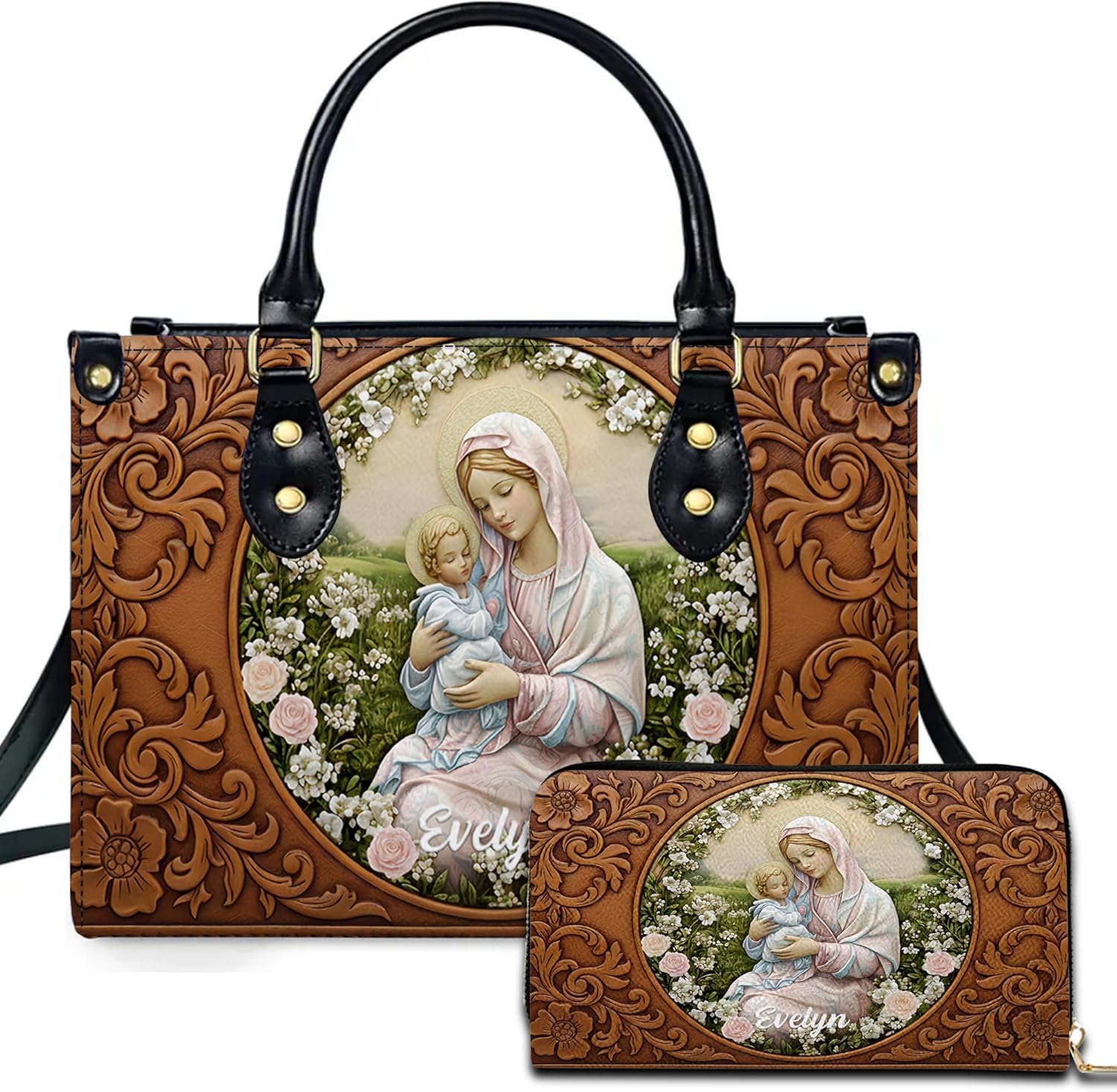 Personalized Virgin Mary Inspired Leather Handbag – Custom Catholic Purse for Women, Christian Religious Satchel Bag Gift