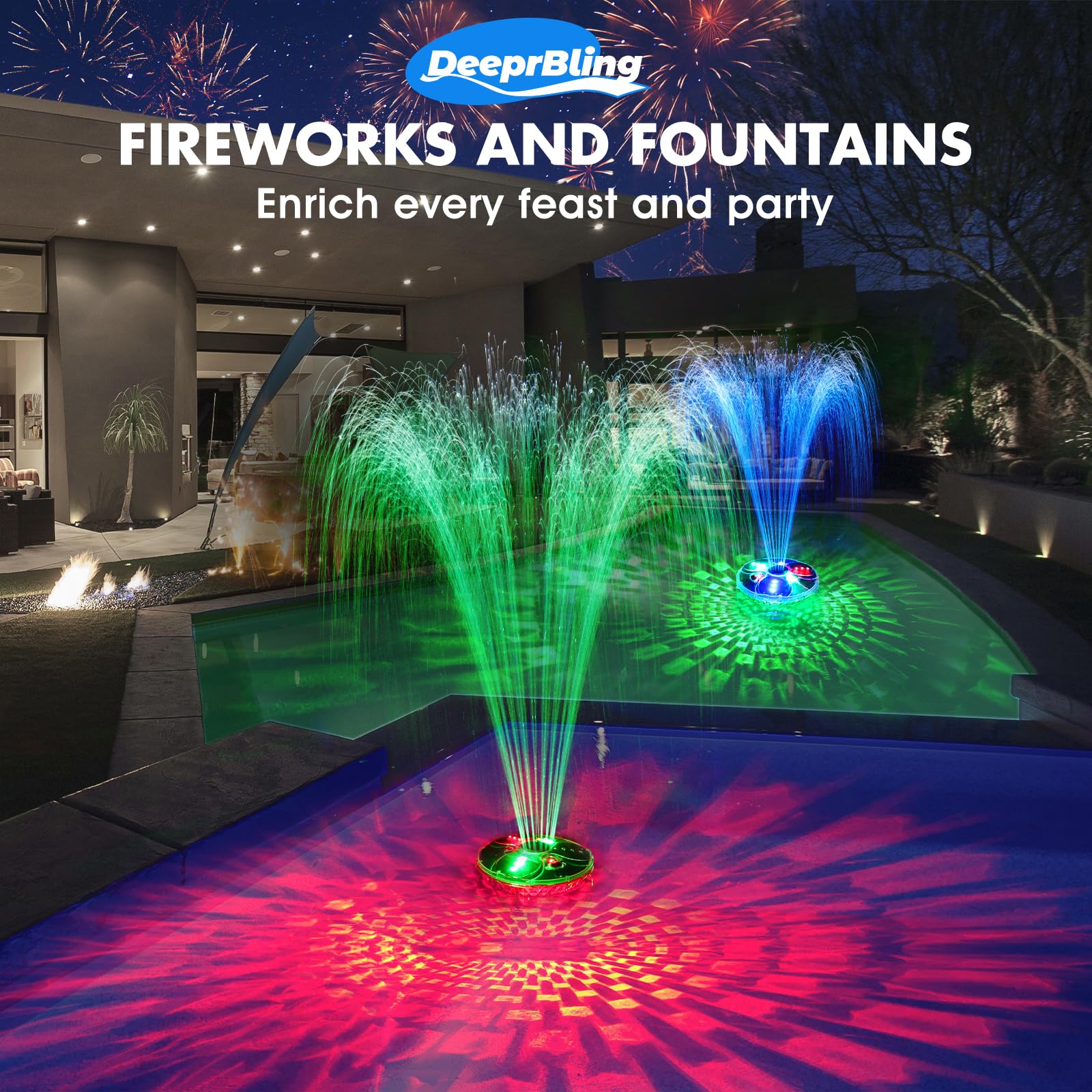 DeeprBling Fontana Galleggiante Piscina con Luci Subacquee, Fontana Piscina con Telecomando e Pulsanti, 2 Modalità di Spruzzatura e 7 Modalità di Luce LED, Fontana per Piscina con Ancora