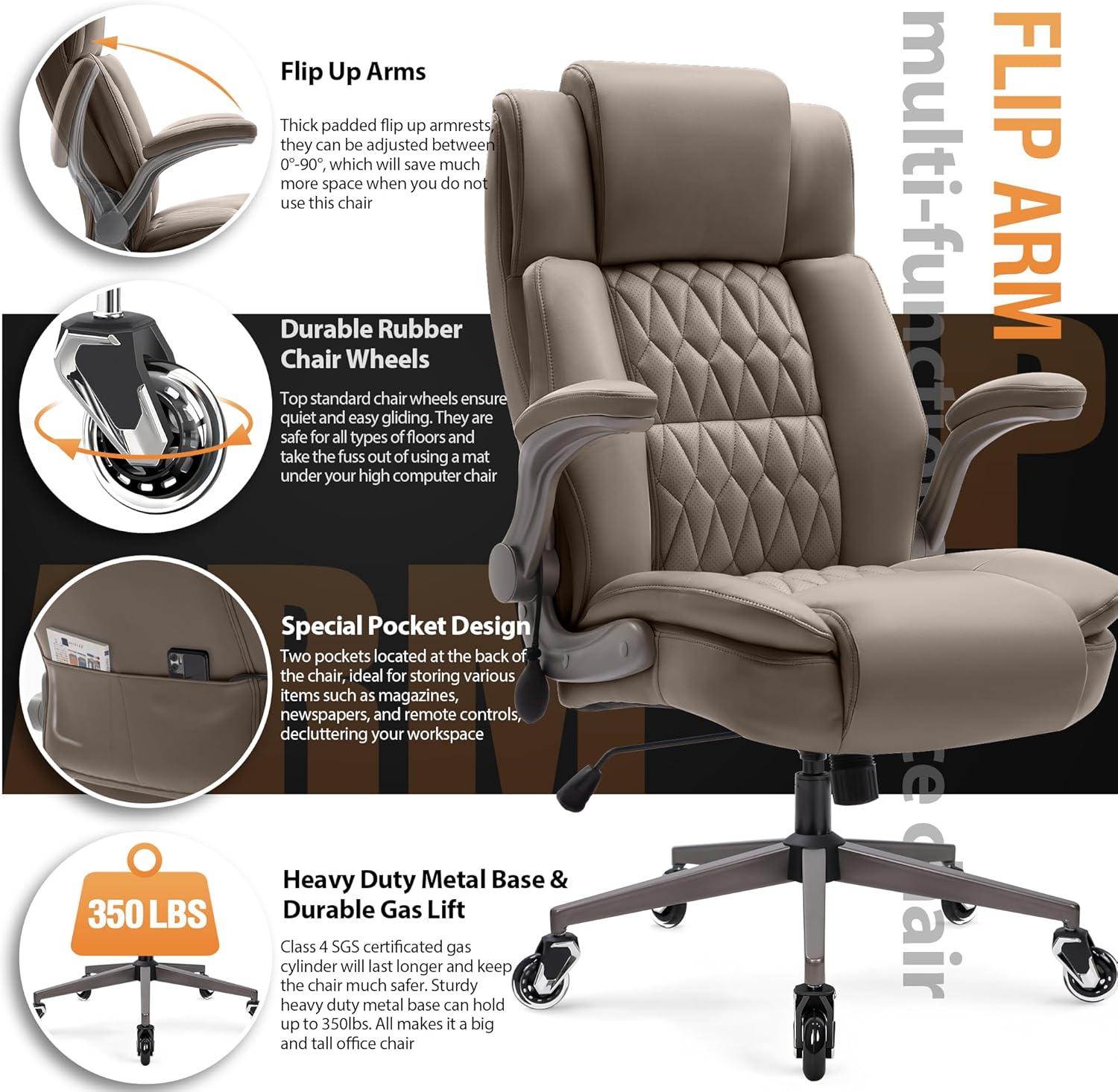Large High Back Office Chair - Adjustable Lumbar Support Flip Up Arms Heavy Duty Quiet Wheels Metal Base Breathable Bonded Leather Ergonomic Executive Computer Desk Chair with Storage Bags, Khaki