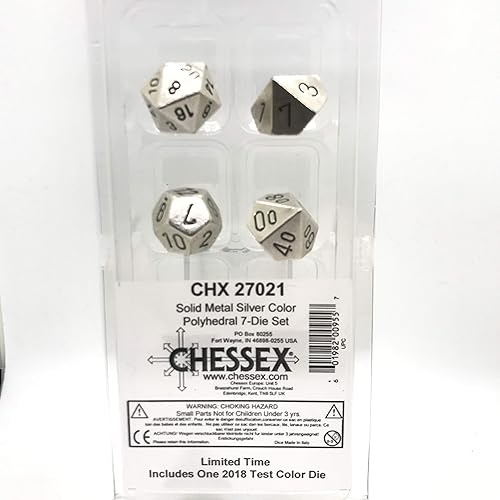 Miniatura 2 de DND - Juego de dados Chessex D&D de 0.632 pulgadas, juego de dados poliédricos de metal plateado, Dungeons and Dragons incluye 7 dados  D4 D6 D8 D10