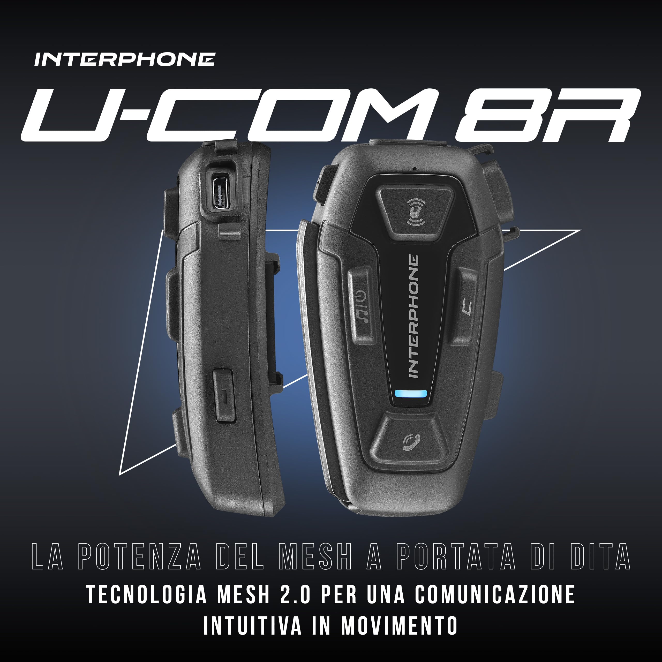 INTERPHONE UCOM8R - Doppio - Interfono Moto con Comunicazione Mesh 3.0, Fino a 24 Piloti, Distanza 1,6 Km, Autonomia 18 ore, Compatibile TFT e GPS, Impermeabile, Speaker HD 40mm