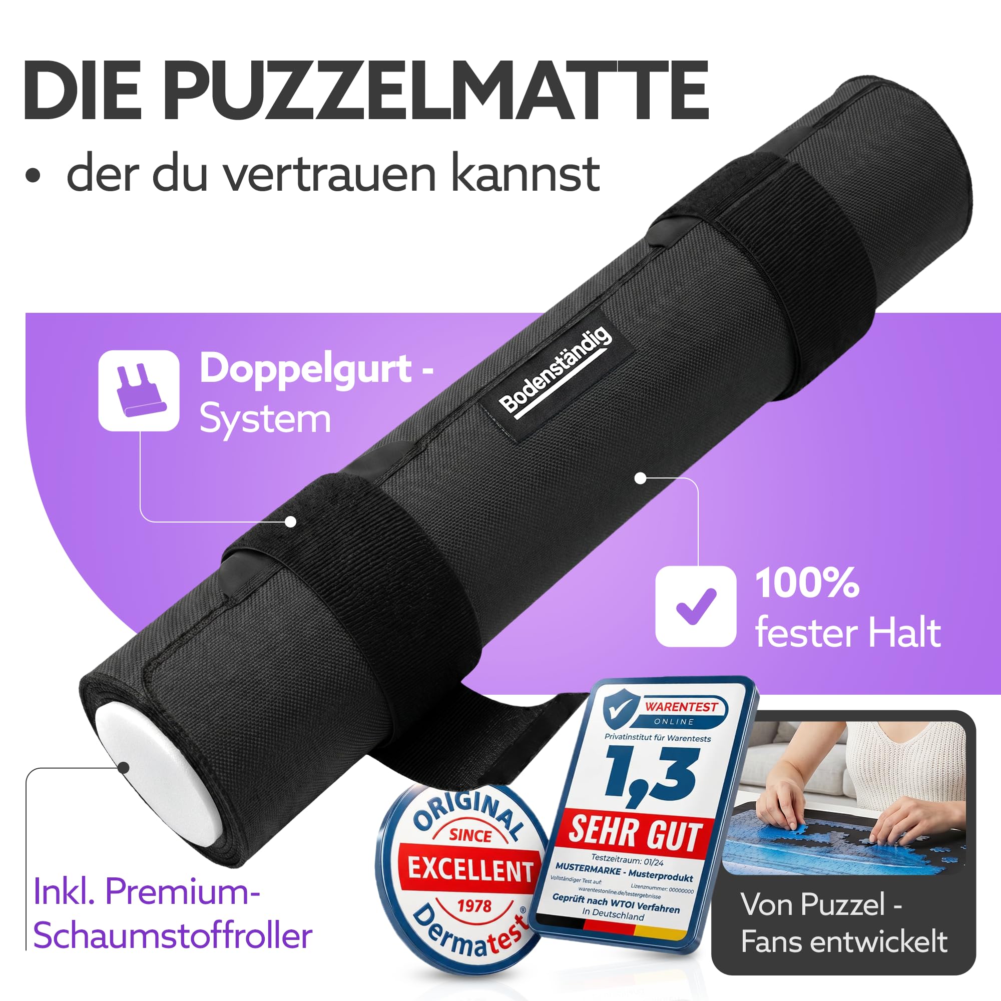 Bodenständig® Puzzlematten für Puzzle bis 3000 Teile – Doppelgurtsystem | In allen Größen Puzzlematte 3000 Teile – Sicheres Aufrollen & Verstauen – Puzzle Matte 100 x 150 cm