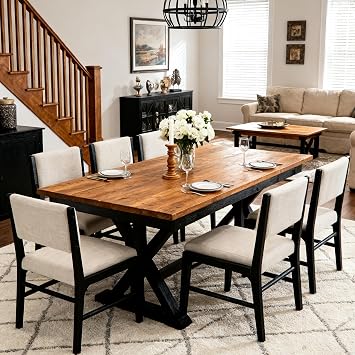 RIVOVA Upholstered Dining Chairs Set of 6 Mid Century Modern Linen Fabric Kitchen Chairs with Back Farmhouse Wooden Side Chairs for Dining Room/Living Room/Restaurant, Beige