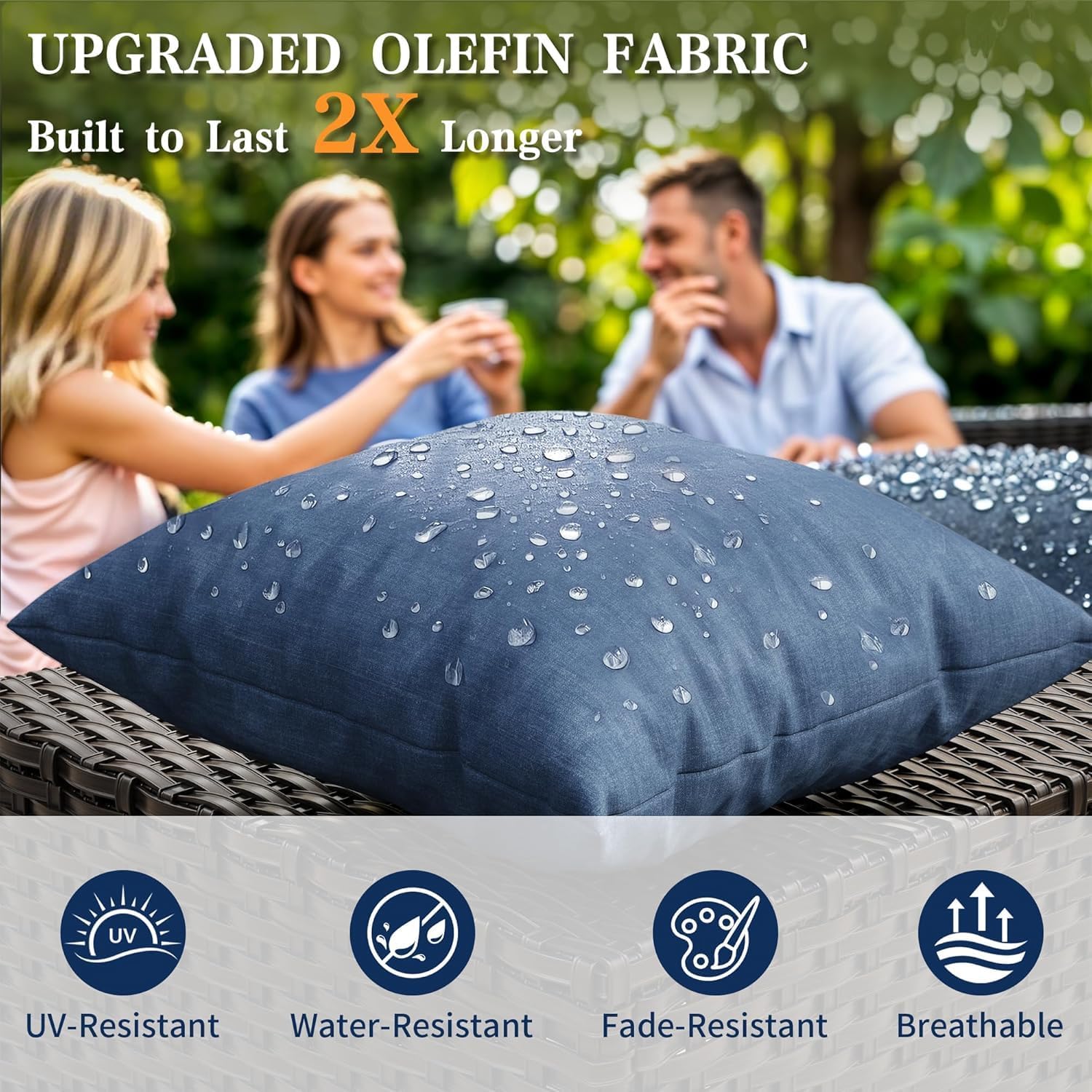 KEIKI 3-Piece Wicker Patio Conversation Sofa Set with 2 Ottomans, All-Weather PE Rattan Outdoor Furniture with High Back Cushions for Backyard Garden Deck, 300LBS Capacity, Dark Coffee Blue