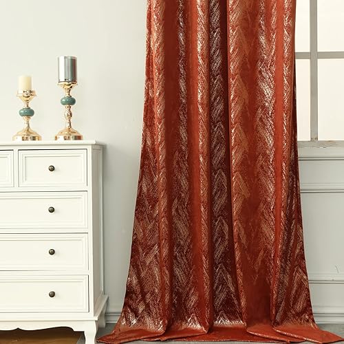 Miniatura 3 de Cortinas de terciopelo naranja quemado, estampado dorado champán, patrón geométrico brillante, sala de estar, dormitorio, aislamiento térmico