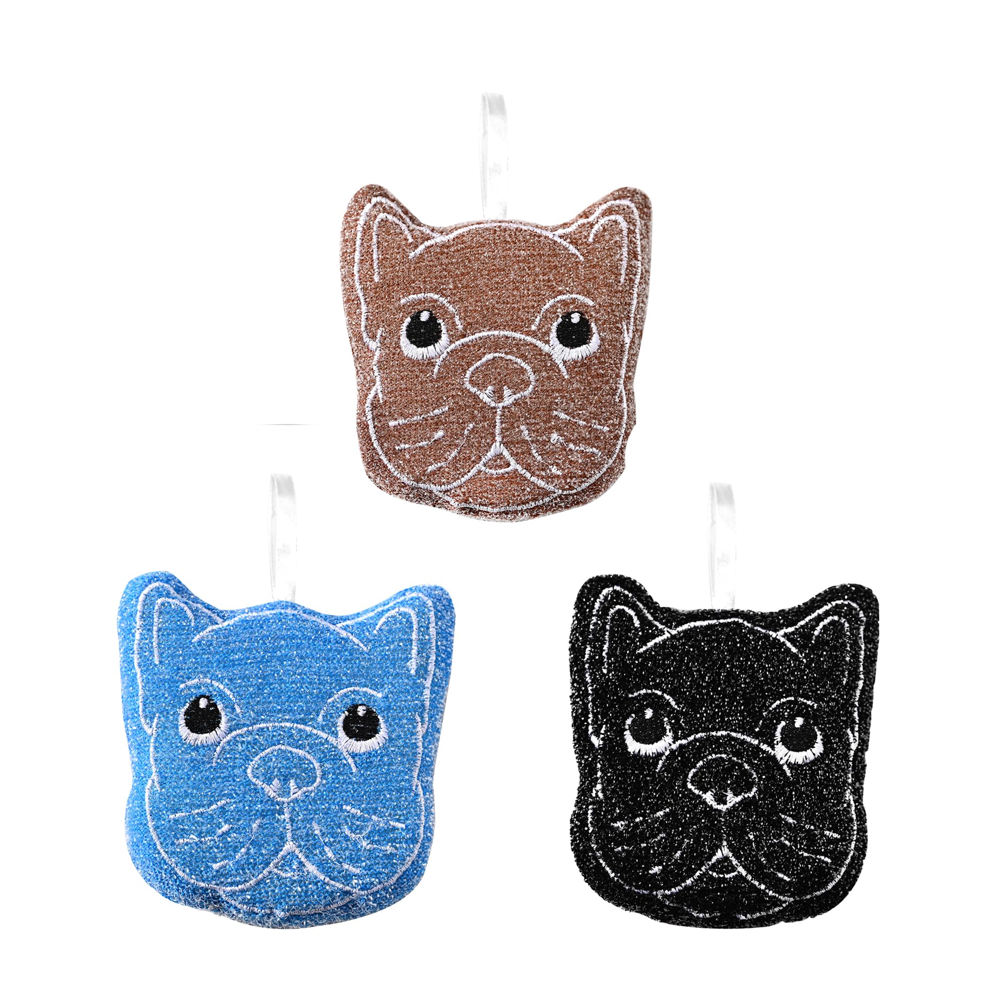 Fox Run Bulldog Kitchen Scrubber Set, Multicolor Pack of 3 Dog Sponges, 4.25" Non-Abrasive Cleaning Pads