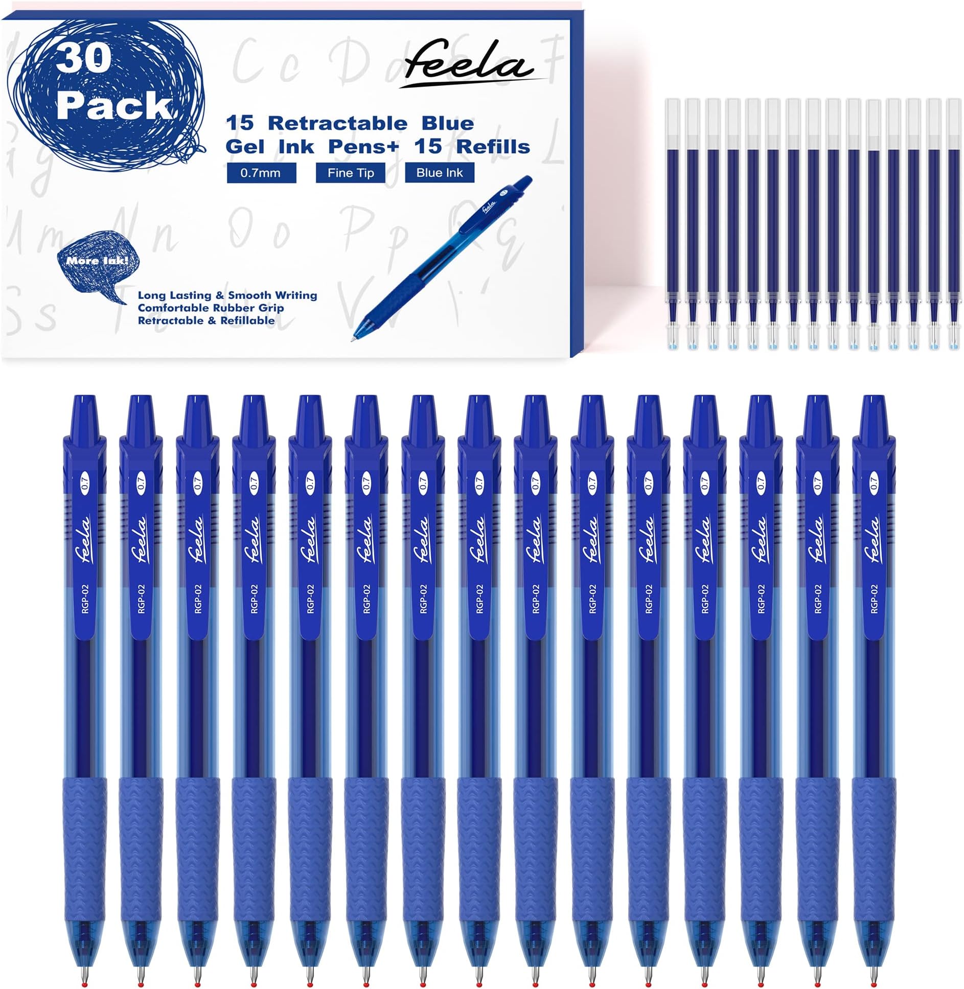 feela 30 Pack Retractable Blue Ink Gel Pens Set Medium Point 15 Piece Fine Point Gel Pen with 15 Refills for Smooth Writing