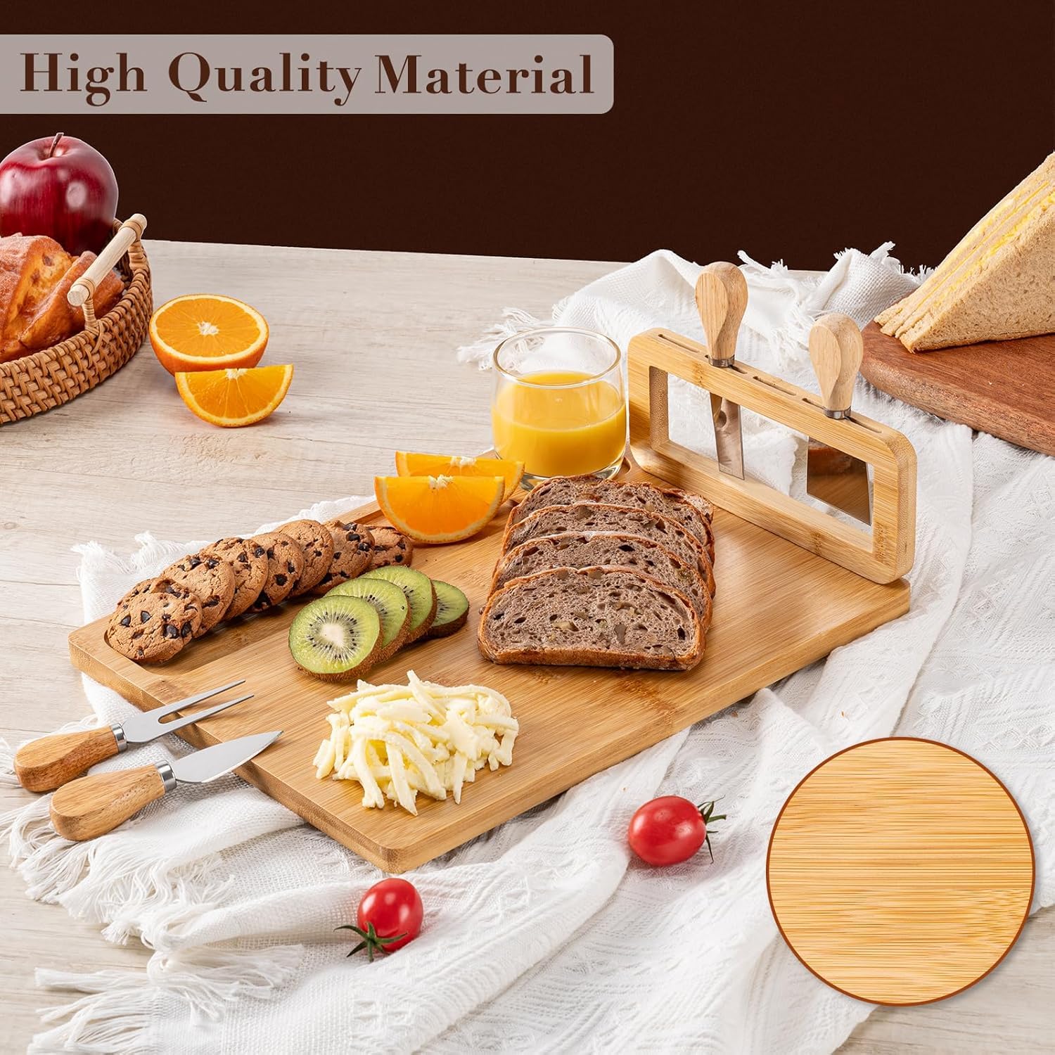 LATERN Zestaw bambusowych desek do sera, 35 cm x 27 cm, drewniana deska do wędlin i serów Cheese Charcuterie Board z 4 nożami do sera, idealny zestaw prezentowy na Boże Narodzenie, wesela, parapetówkę
