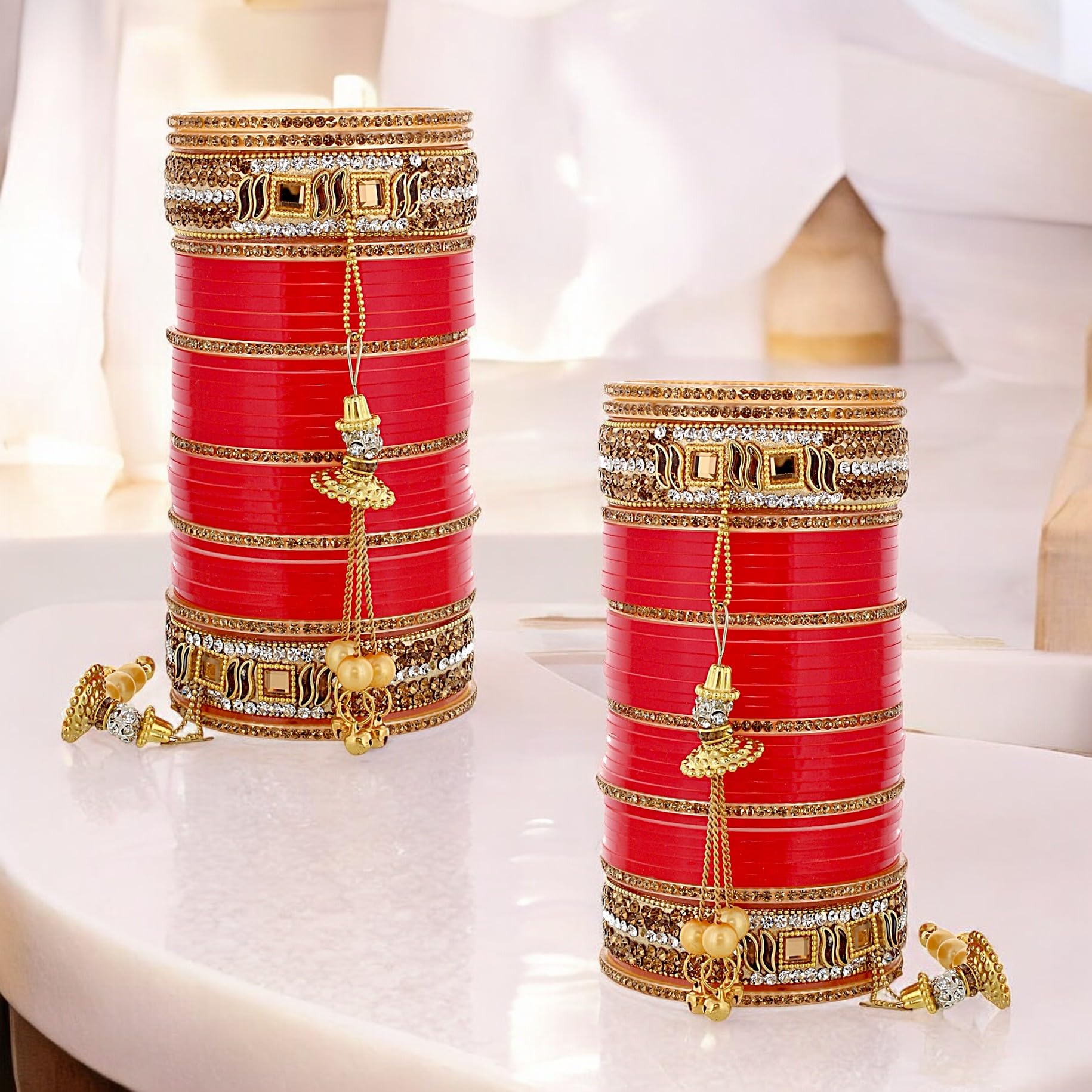 Lucky Jewellery Bridal Bangle Set Dhanteras/Diwali/Bhai Dooj Collection Wedding Punjabi chuda Designer chura CZ Stone Red Color choora Set for Women (792-M1C1-745-R24) 1