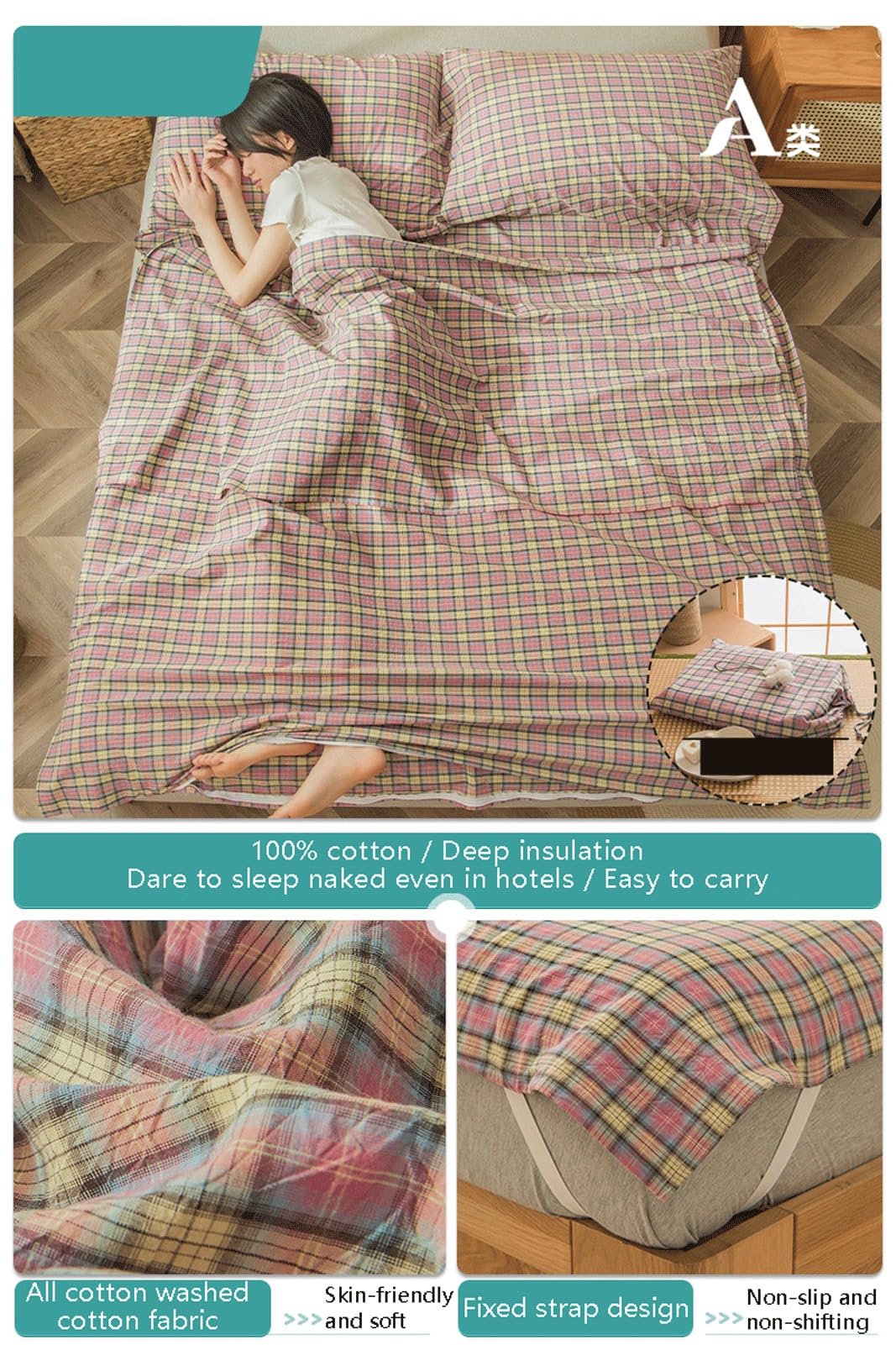 RUZGAR Sacco Lenzuolo Sacco a Pelo Capanna 100% Cotone Lavato Morbido e Confortevole Singolo Matrimoniale Lenzuola a Sacco da Viaggio Campeggio Sacco Letto(Pink C,120x210cm-47x82)