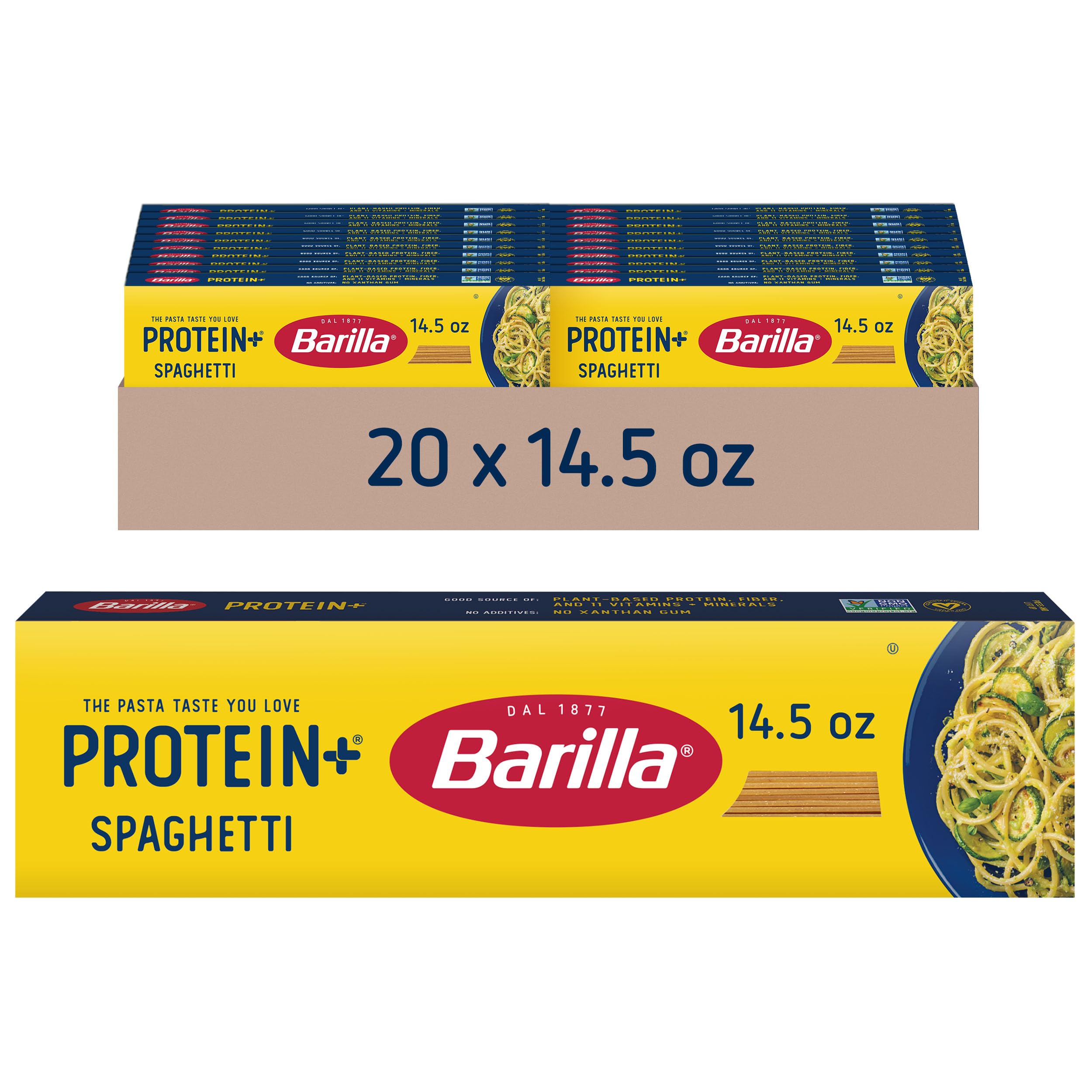 BARILLA Protein+ (Plus) Spaghetti Pasta, 14.5 Ounce (Pack of 20) - plant based pasta - Made from Lentils, Chickpeas & Peas - Non-GMO, Kosher Certified and Vegan