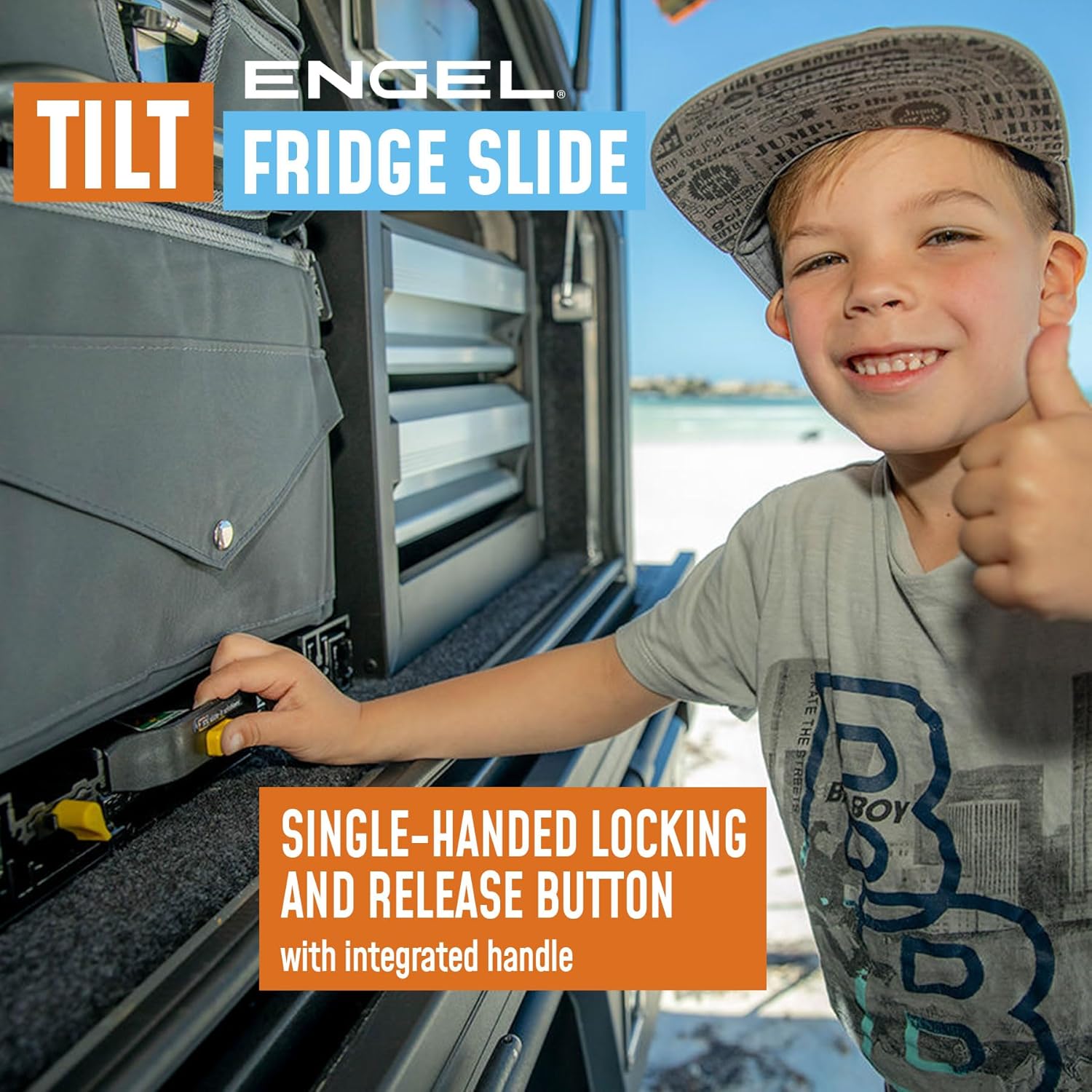 Child demonstrating single-handed locking and release button on Engel Fridge Slide.