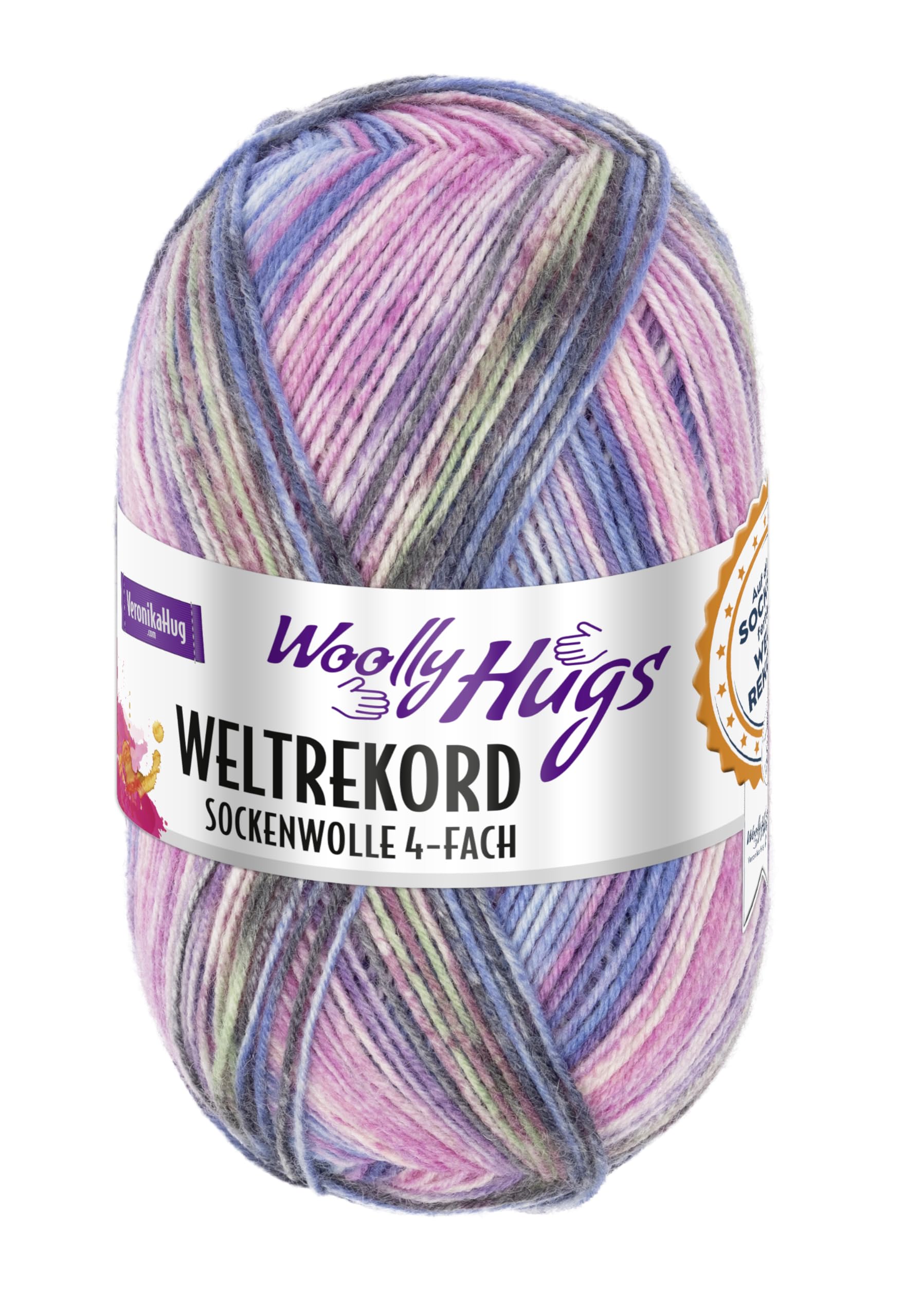 Woolly Hugs Weltrekord Sockenwolle 100g | 75% Schurwolle & 25% Polyamid | 420 m Lauflänge | Strapazierfähiges Sockengarn | Teil des Weltrekord-Strickprojekts (04 | pink/blau)