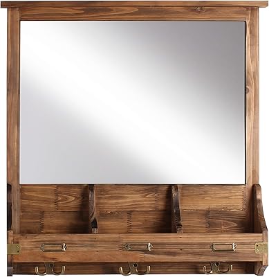 Kate and Laurel Stallard Decorative Rustic Wood Home Organizer with Mirror, Pockets, and Key Hooks, Rustic Brown