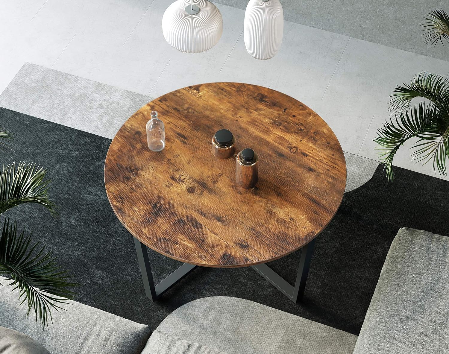 VASAGLE Runder Couchtisch, Wohnzimmertisch, Industriestil, Stahlrahmen, einfache Montage, für Wohnzimmer, Schlafzimmer, rustikales Braun und Schwarz LCT88X