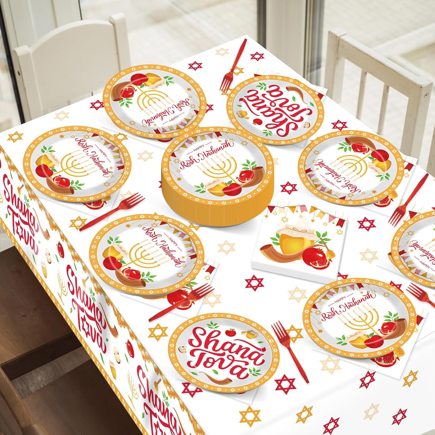 98 Pcs Rosh Hashanah Party Supplies Jewish New Year Plates Shana Tova Party Tablecloth Rosh Hashanah Party Decorations for Kitchen High Holy Day Tableware Paper Forks Napkins Plates for 24 Guests