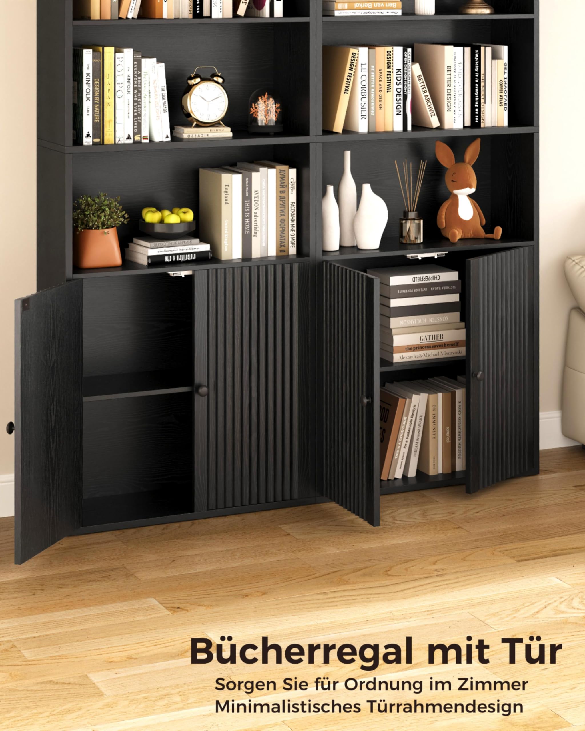 IRONCK Bücherregal mit Türen, Standregal mit 6 Ebenen, Holz Regal mit Türen, Bücherschrank, offenes Aufbewahrungsregal für Arbeitszimmer, Büro, Wohnzimmer, Schlafzimmer 180 x 60 x 23.5cm (schwarz)