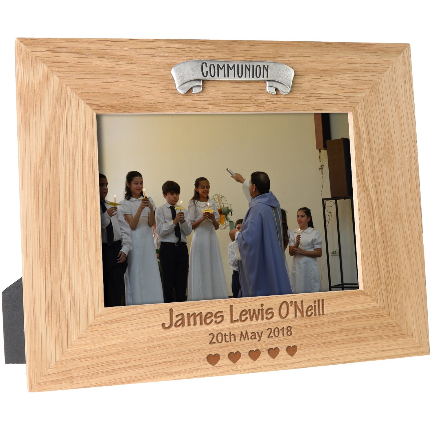 De Walden Boy's First Holy Communion Gift, Engraved Solid Oak Photo Picture Frame with Pewter Holy Communion Banner Feature For a Boy
