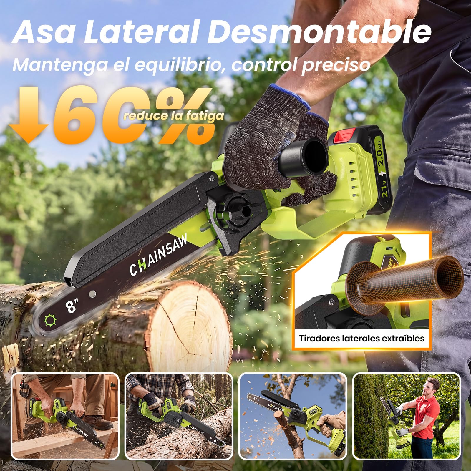 Mini Motosierra Bateria, Motosierra Eléctrica 8 Pulgadas 1300W Sin Escobillas 2*2000mAh Baterías, Lubricación Automática, Ajuste sin Herramientas, Motosierra de Mano para Podar Árboles de Jardinería