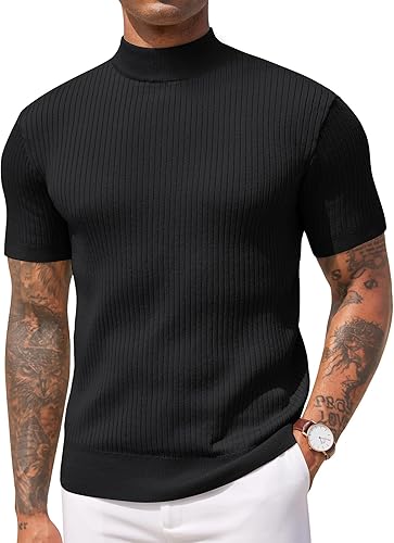 COOFANDY Men's Mock Turtleneck Sweater Short Sleeve Casual Basic Tops Ribbed Knit Pullover Solid Tee