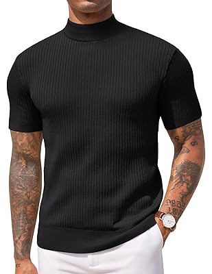 COOFANDY Men's Mock Turtleneck Sweater Short Sleeve Casual Basic Tops Ribbed Knit Pullover Solid Tee