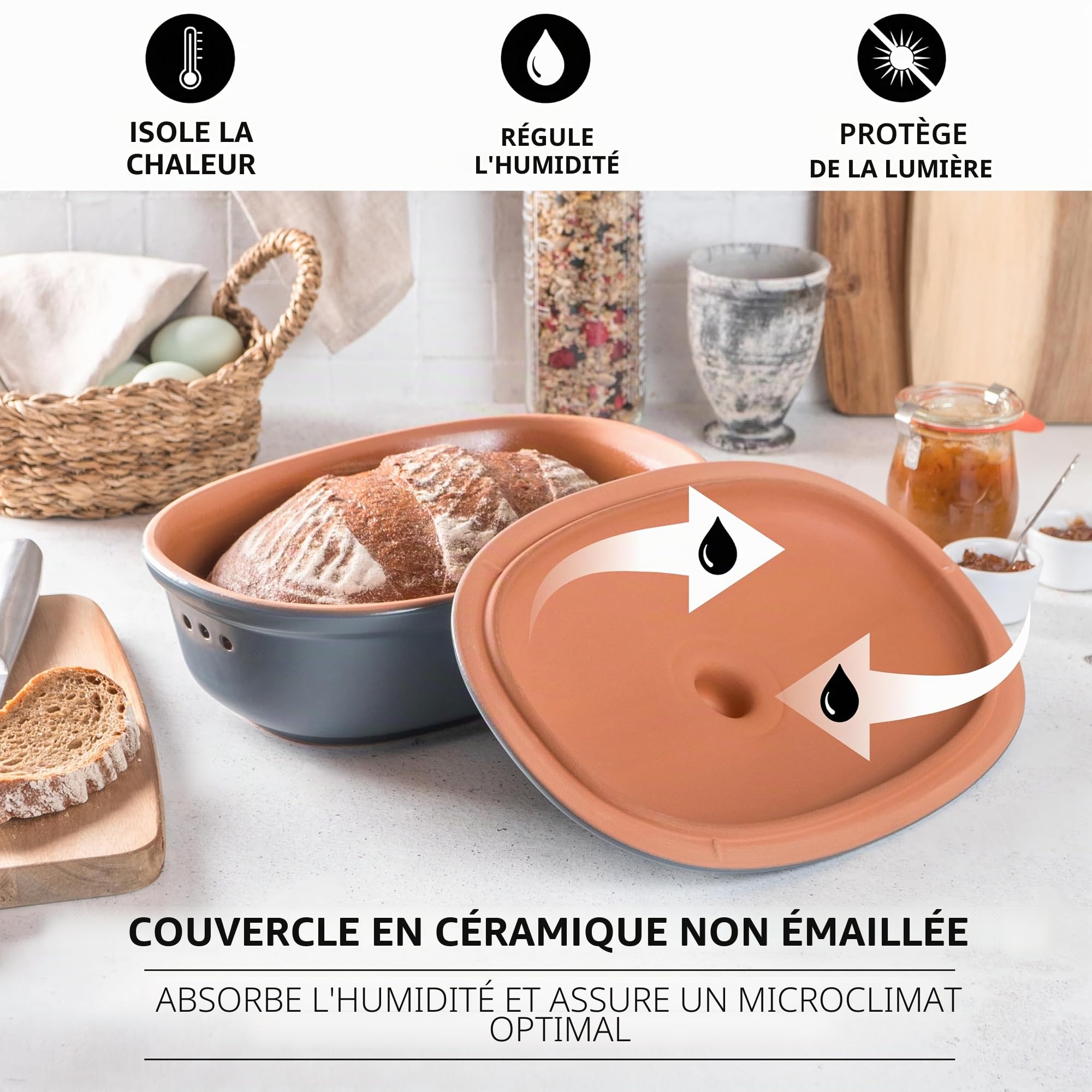 Römertopf Pot à pain en céramique naturelle, idéal pour ranger le pain et les pâtisseries 30x21x14,5 cm bleu-gris