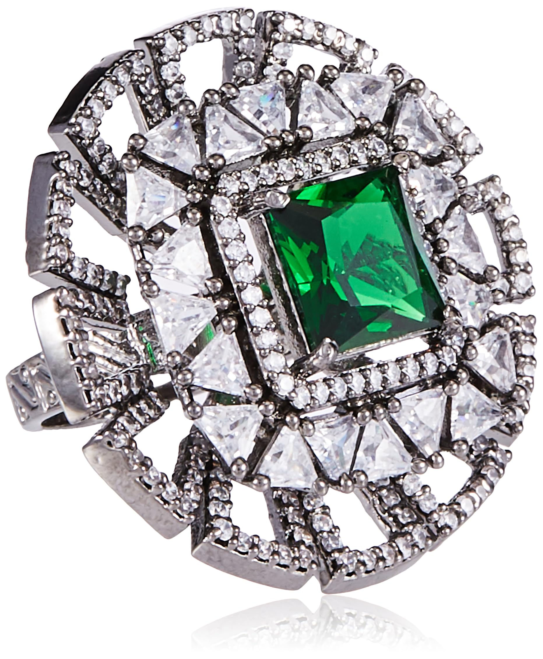Silver Tone Green American Diamond Floral Shape Women's Ring-image-37