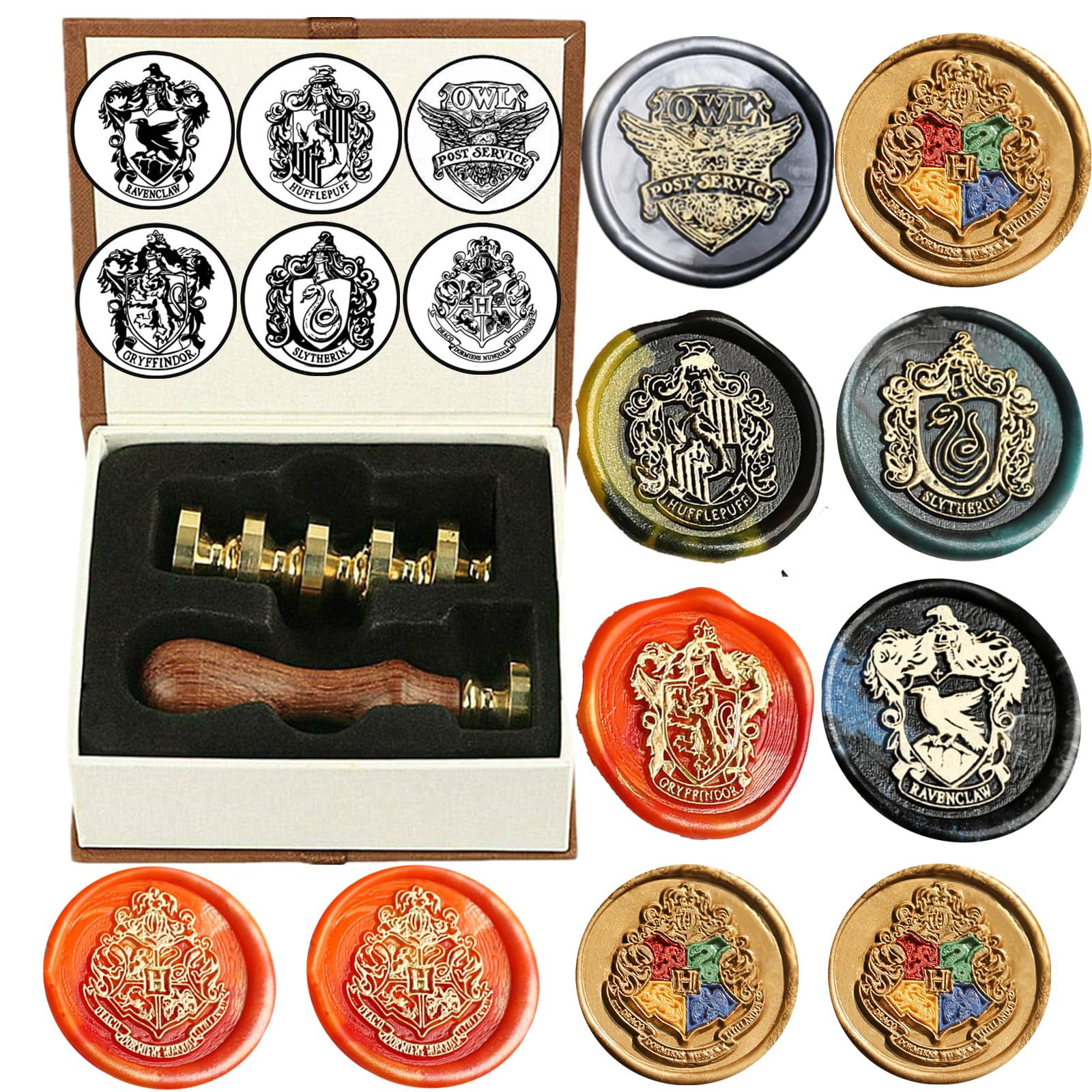 Owl Wax Seal Stamp Set, Atopbb 6 Pcs Hogwarts Sealing Waxs Stamps Copper Seals + 1 Pcs Wooden Handle