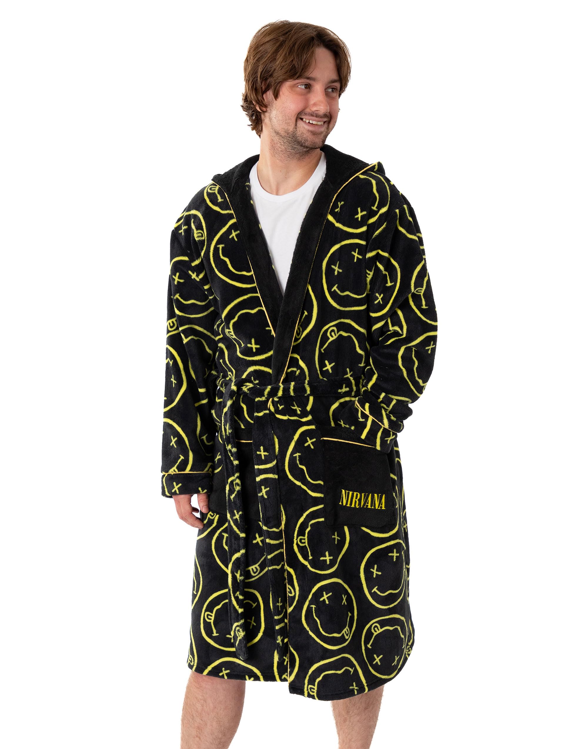 Nirvana Mens Black Logo Hooded Bathrobe | Cosy Fleece Loungewear with Pockets & Yellow Accents | Long Sleeve Tie Closure | Music Band Merch - Large