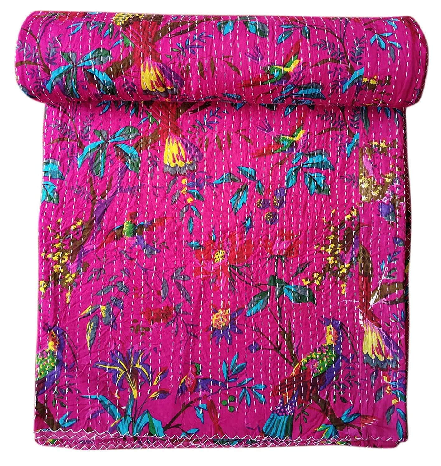 Textile Work Creations Indian Cotton Bird Print Kantha Quilt Hand Stitched Reversible Cotton Bedding Bedspread Blanket Reversible Throw Queen Kantha Queen Size-image-6