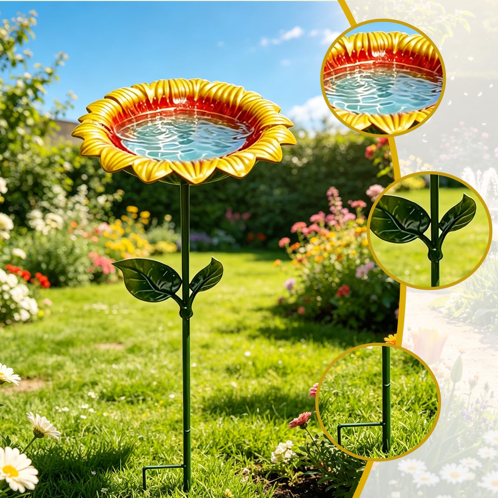 Vogeltränke Stehend, Metall Vogelbad Stehend im Sonnenblumen Design, Vogelfutterspender Vogeltränke Garten, Wassertränke für Vögel, Gartendeko für Draußen Wetterfest (5 Stück)