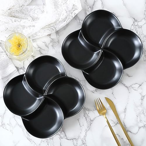 Miniatura 7 de Bruntmor Bandeja apilable de cerámica de 8.5 pulgadas de 4 secciones en color negro  Juego de 2 platos de aperitivos, embutidos, alimentos,