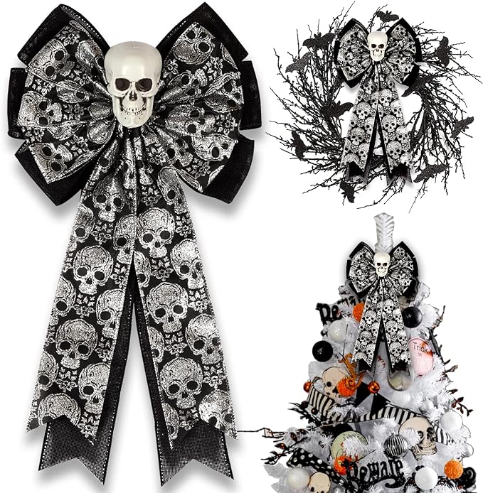 Skull Gothic Decor,Halloween Bows for Wreaths Decorations, Halloween Tree Topper Bow, Decorative Bow with Skull Glitter Silver Black Burlap for Fall Home Front Door Outdoor