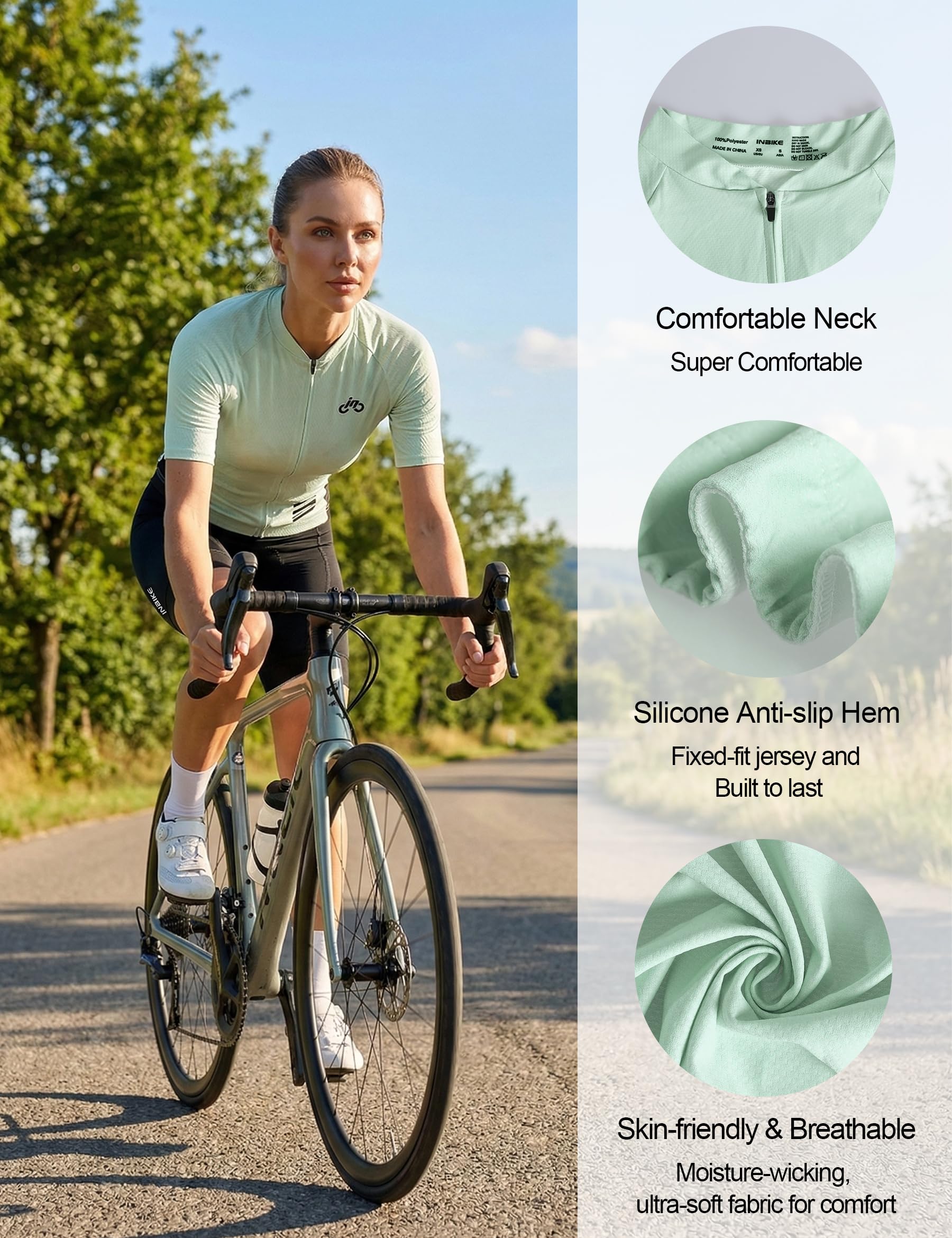 INBIKE Fahrradtrikot Set Damen Bib Shorts Gepolstert + Fahrradtrikot mit 3 Taschen Kurzarm Sommer Atmungsaktiv Schnelltrocknend Weich Hautfreundlich DM