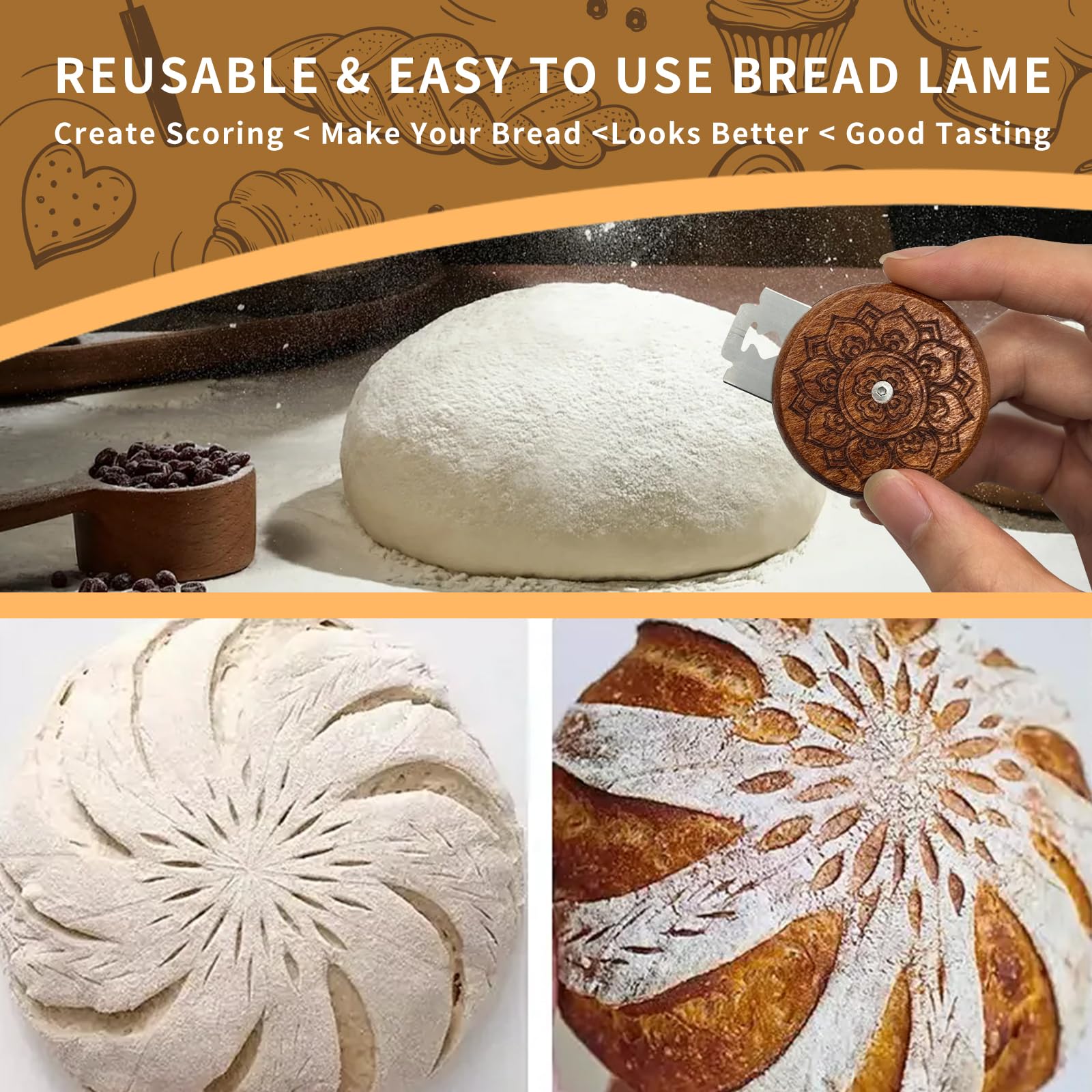 COOHLYEE Bread Knives Sourdough Scoring Tool,Wooden Lame Bread Scoring Tool with 5 Razor Blades and Leather Storage Cover,UFO Bread Lame Dough Scoring Tool for Bread Baking(Lotus)