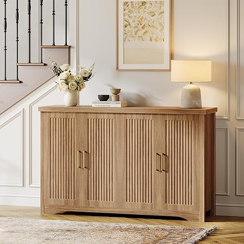 Miniatura 8 de Armario de buffet acanalado con aparador de almacenamiento, credenza moderna con 4 puertas y estantes ajustables, consola de mesa de café de madera