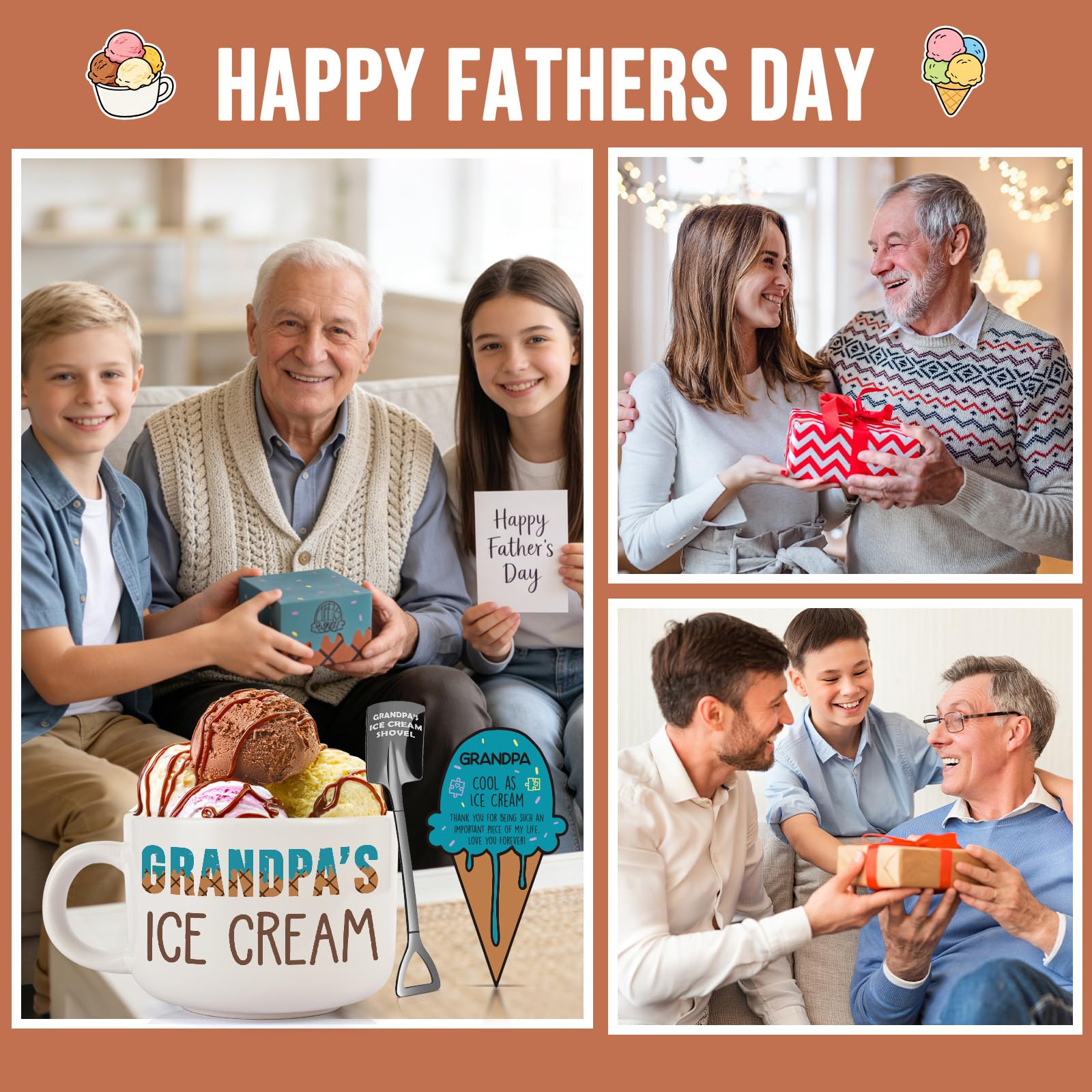Grandpa Gifts for Fathers Day - Ideal Father's Day Birthday Gifts for Grandpa Grandfather from Granddaughter Grandkids, Grandpa's Ice Cream Bowl with Shovel Set Present Father's Day Xmas
