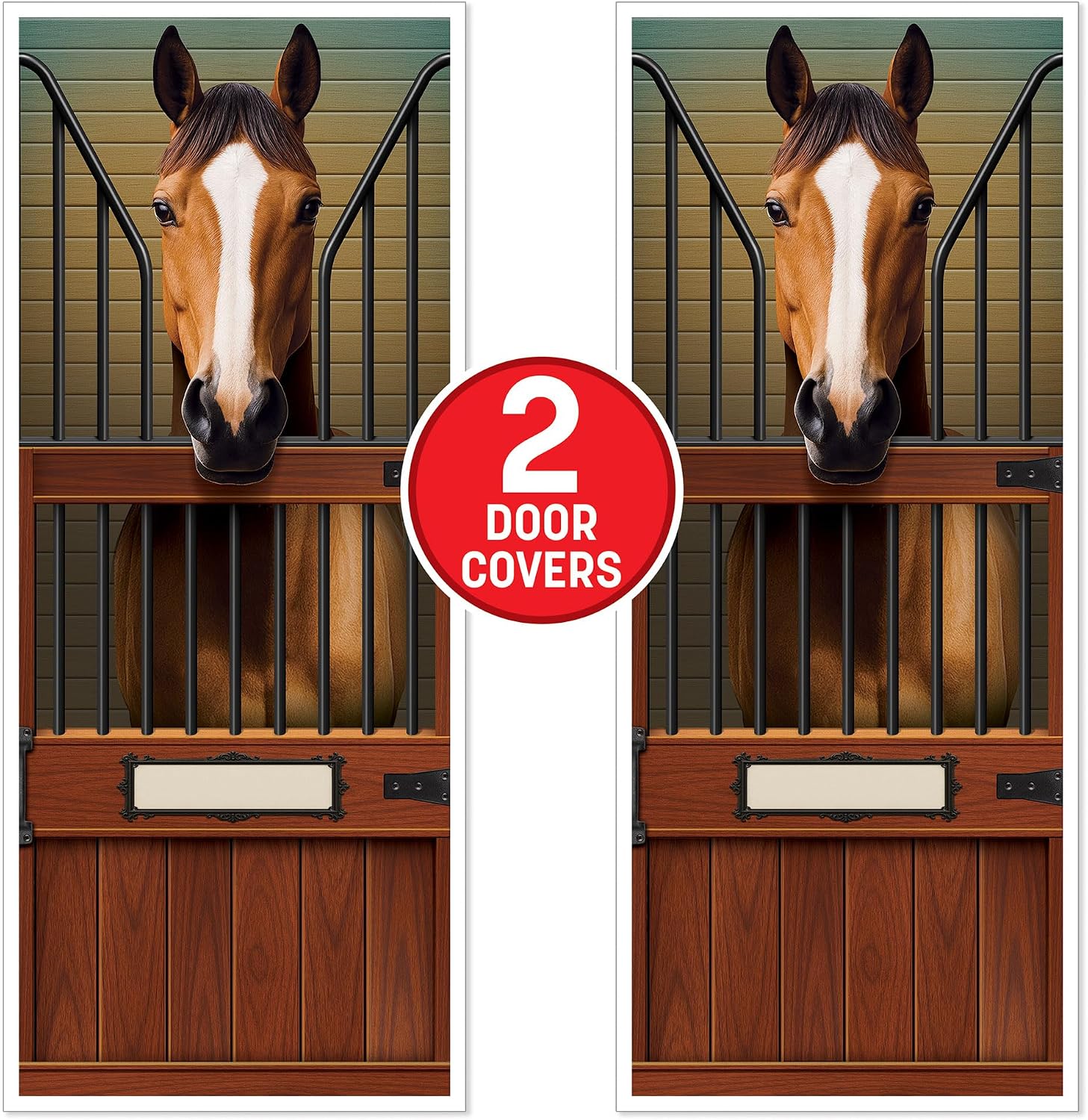 Beistle Horse Door Covers – 2 Pack, All-Weather Thin Plastic Decorations with Realistic Stable Horse Design & Writable Nameplate, Equestrian Entryway Décor for Barn Themes & Rustic Events, 6' x 30"