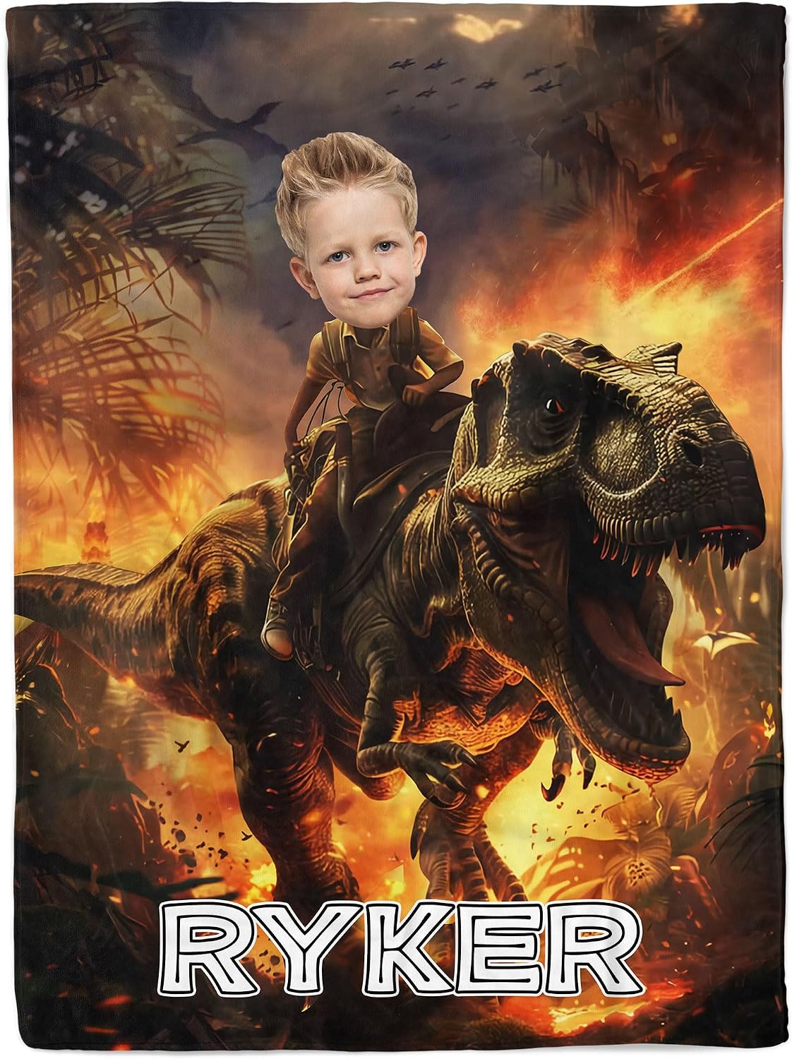 Personalized Dinosaur Blanket for Kids, Custom Photo Face Blanket Gift for Boys and Girls, Toddler Nursery Décor (Dino TM66)