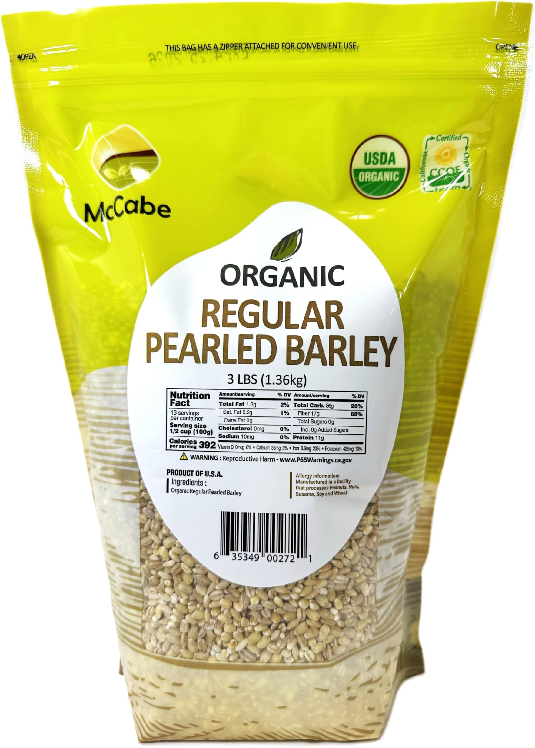 McCabe Organic Regular Pearled Barley - Pearled Barley Organic | Rich with Fiber & Minerals | USDA and CCOF Certified | Product of USA | 3Lbs