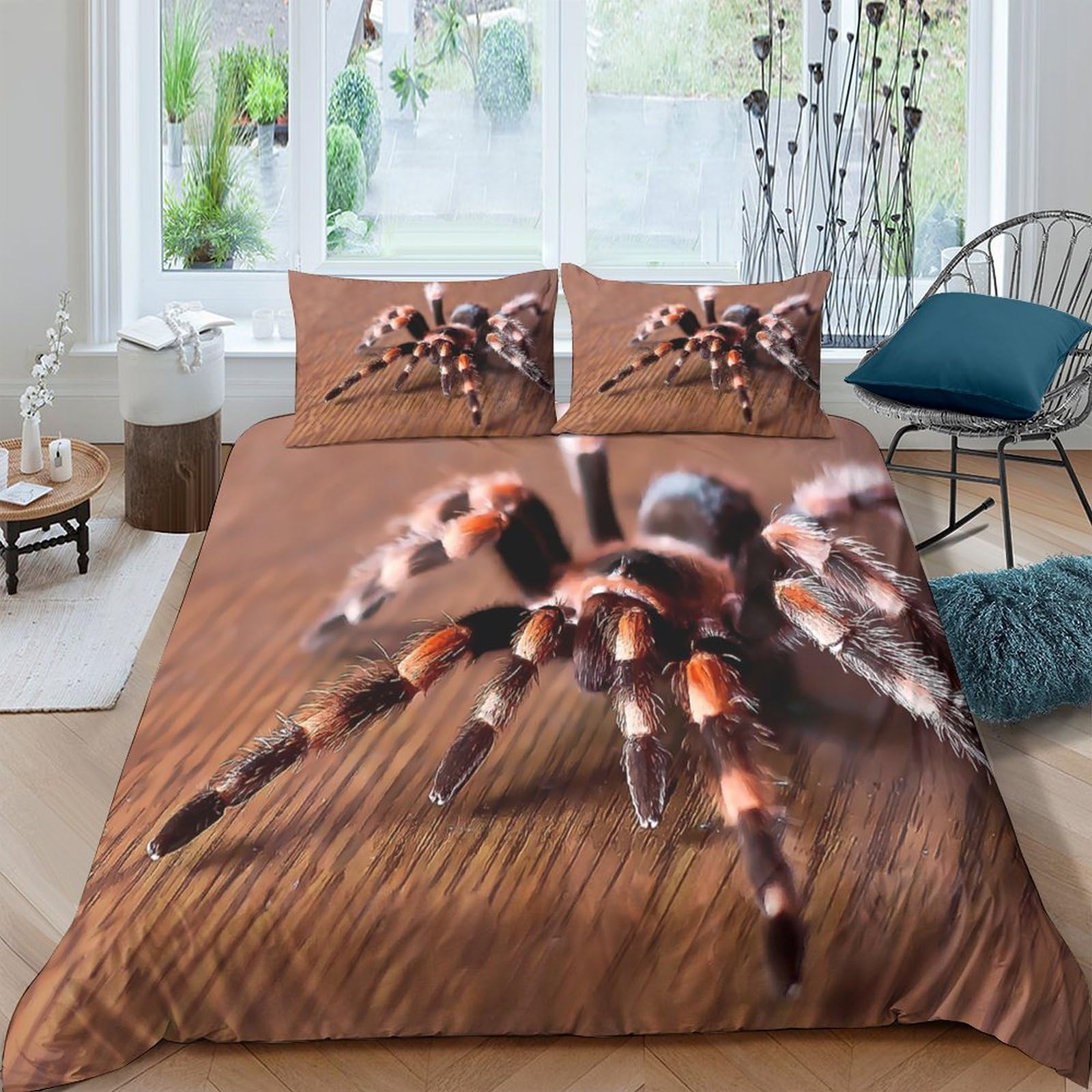 GPLZQXKJNH 3D Printed Tarantula Spider Duvet Cover Microfiber Soft Breathable Realistic Wood Pattern Bedding Set with 2 Pillowcases for Bedroom Home Decor Single（135x200cm）