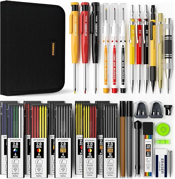 STAGEEK 34 Pack Carpenter Pencil Set with Sharpener, Mechanical Carpenter Pencils with Deep Hole Long-Nib Marker Pens, Carbide Scribe Tool & Construction Pencils for Architect Woodworking with Case