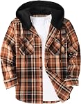 ZITY Hommes Plaid Chemises Hoodie Flannel Chemise manches longues à capuche Chemise à caper Bouton Descente Casual Lumberjack Double Pocket