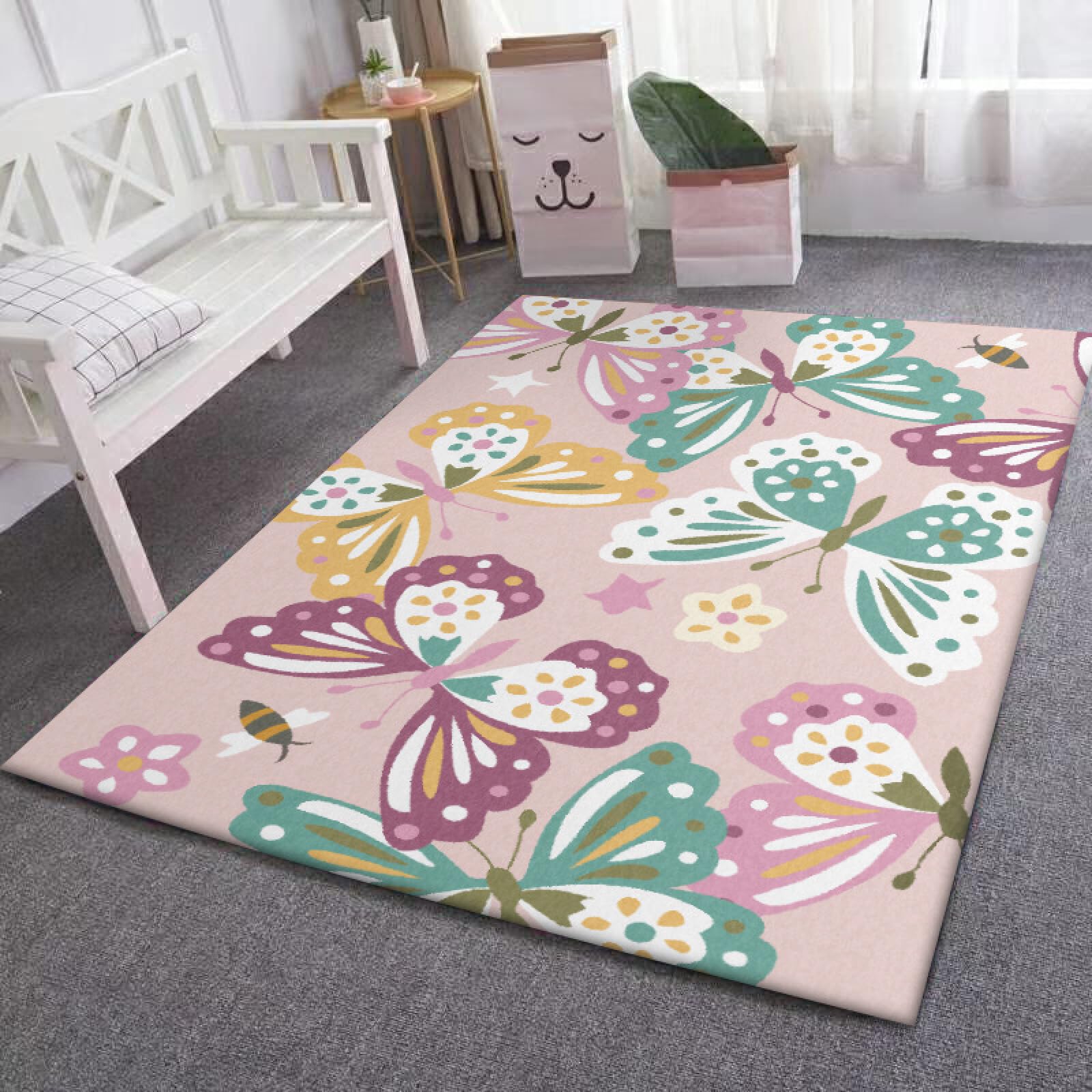 Dywaniki, zielone skrzydło, różowy róż, motyw motyla, dywany z niskim runem do salonu, nowoczesna sypialnia vintage dekoracja salonu, 160 x 230 cm