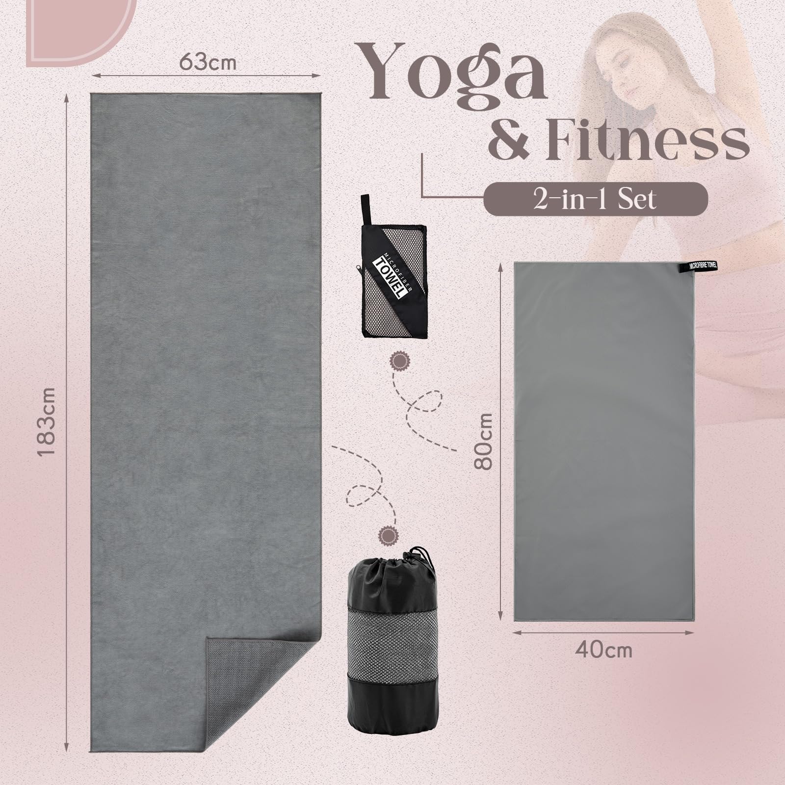 2 Pezzi Asciugamano da Yoga con Impugnatura Antiscivolo 183 x 63 cm Asciugamani in Microfibra Asciugatura Rapida 80 x 40 cm con Borsa in Rete Grigio per Hot Yoga Sport Pilates