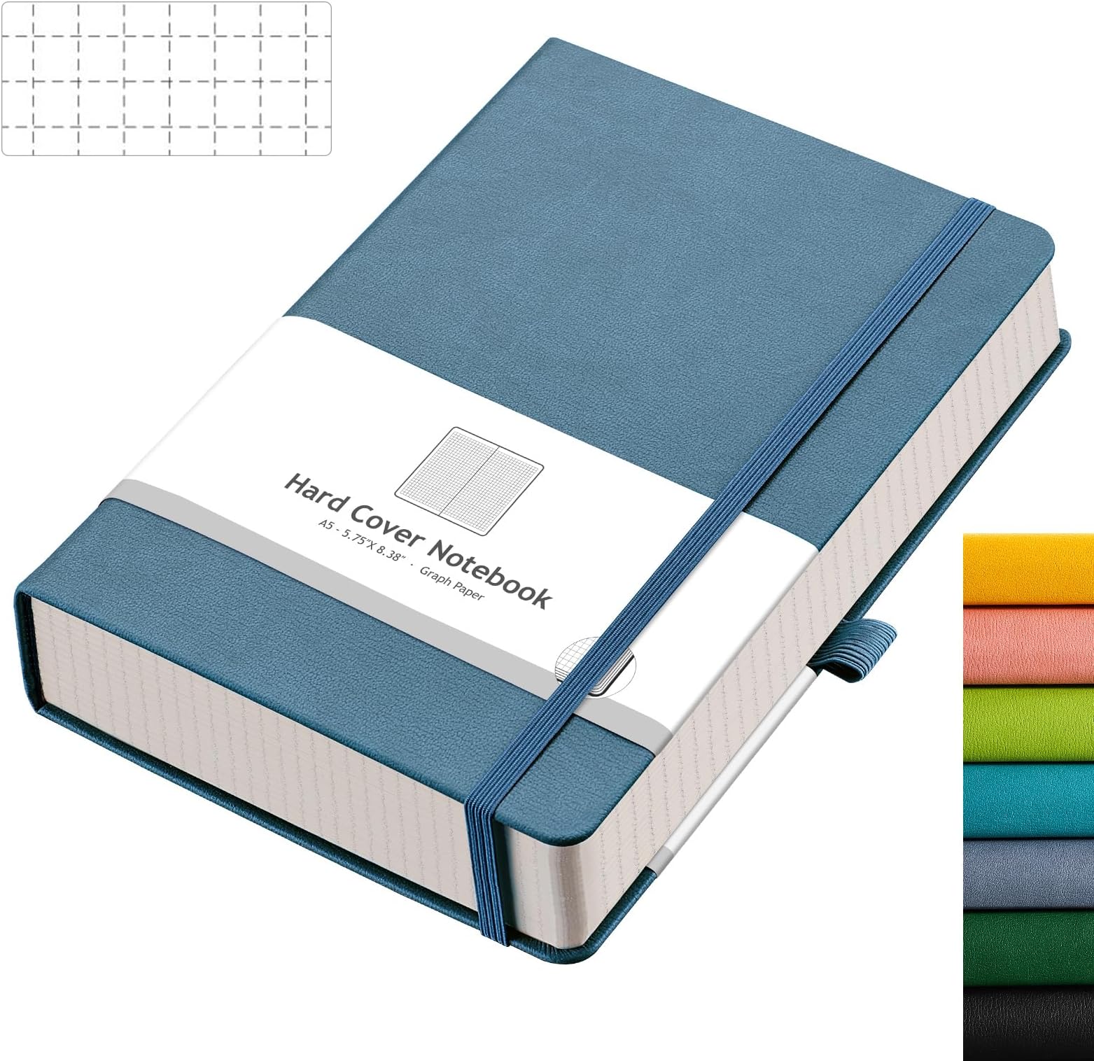 AHGXG Graph Paper Notebook - 320 Pages Grid Notebook Thick Journal A5, 100gsm Thick Graph Paper, Leather Hardcover, Inner Pocket,5.75'' × 8.38''- GrayBlue
