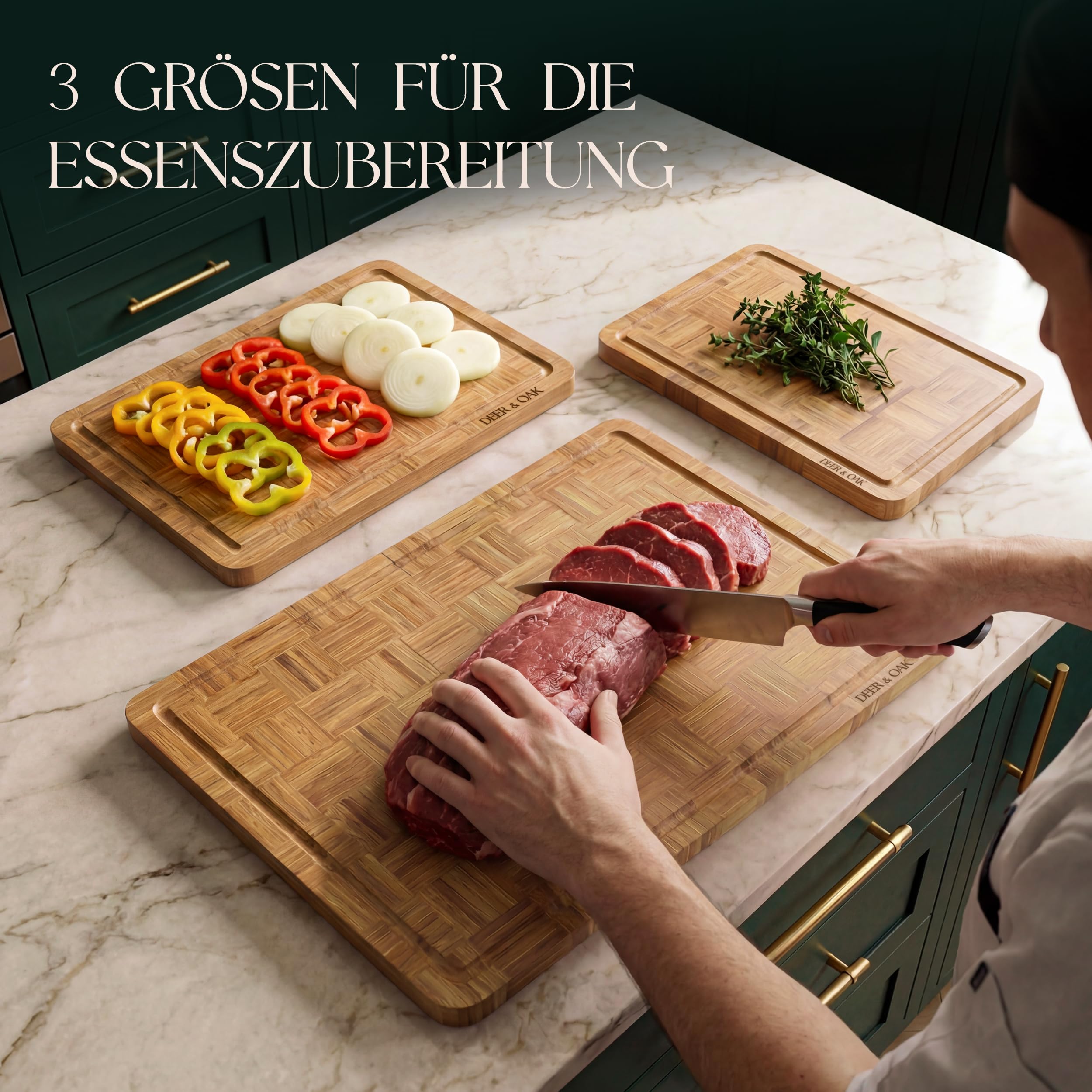 Deer & Oak 3-teiliges Schneidebrett-Set aus karbonisiertem Endkorn-Bambus mit Ständer, vorgeöltes Holz-Schneidebrett-Set, Korbgeflecht-Design, langlebige Metzgerblock-Schneidebretter